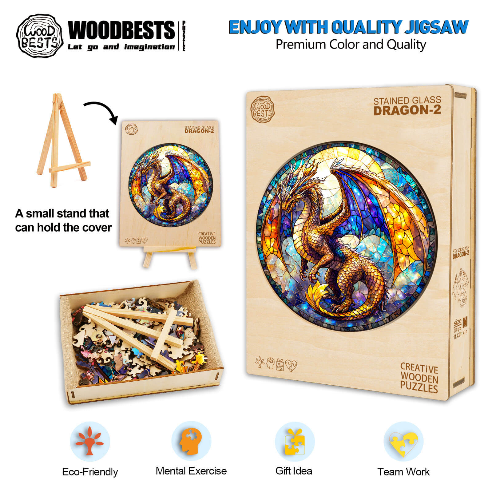 Stained Glass Dragon-2 wooden jigsaw puzzle with vibrant colors and eco-friendly packaging, ideal for decoration and gifts.