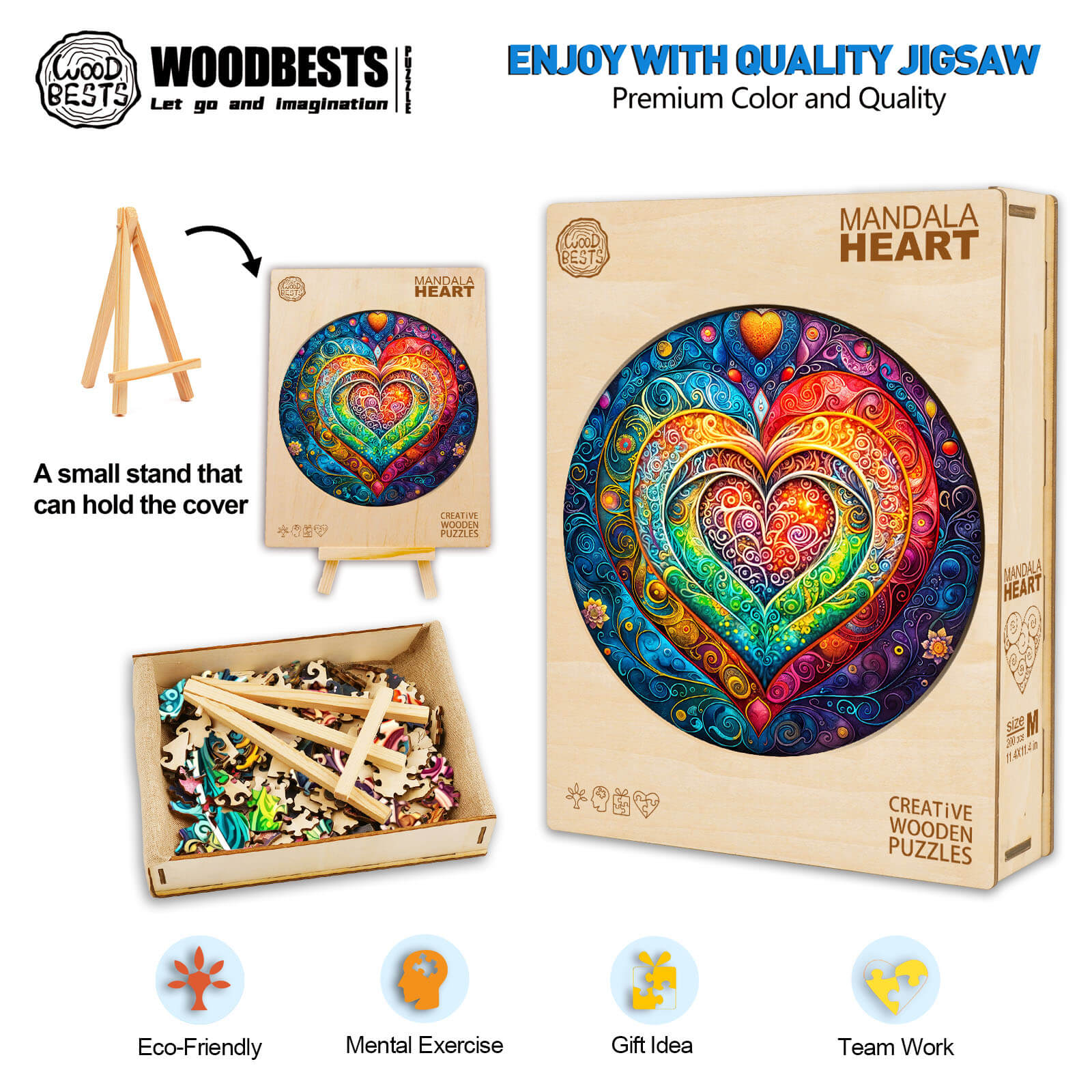 Mandala heart wooden jigsaw puzzle with vibrant colors, eco-friendly materials, and mental exercise benefits.