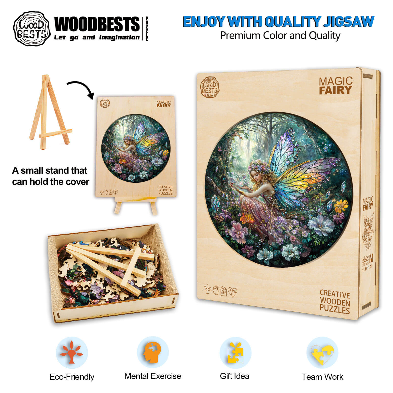 Magic Fairy Wooden Jigsaw Puzzle with vibrant colors, eco-friendly materials, and a small stand for display.
