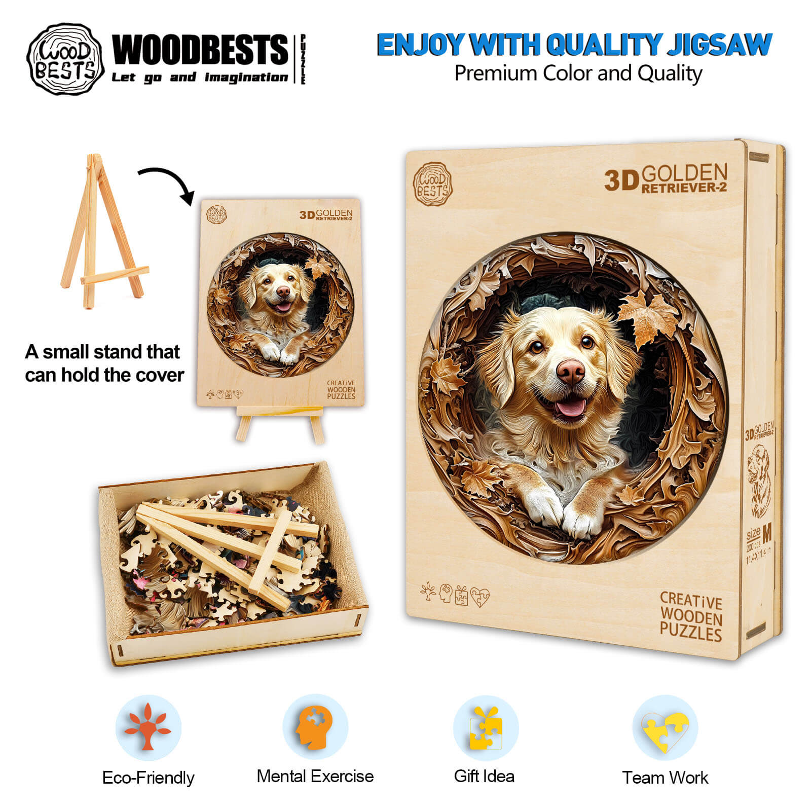 3D Golden Retriever-2 wooden jigsaw puzzle, eco-friendly, mental exercise, perfect for gifts and team activities.