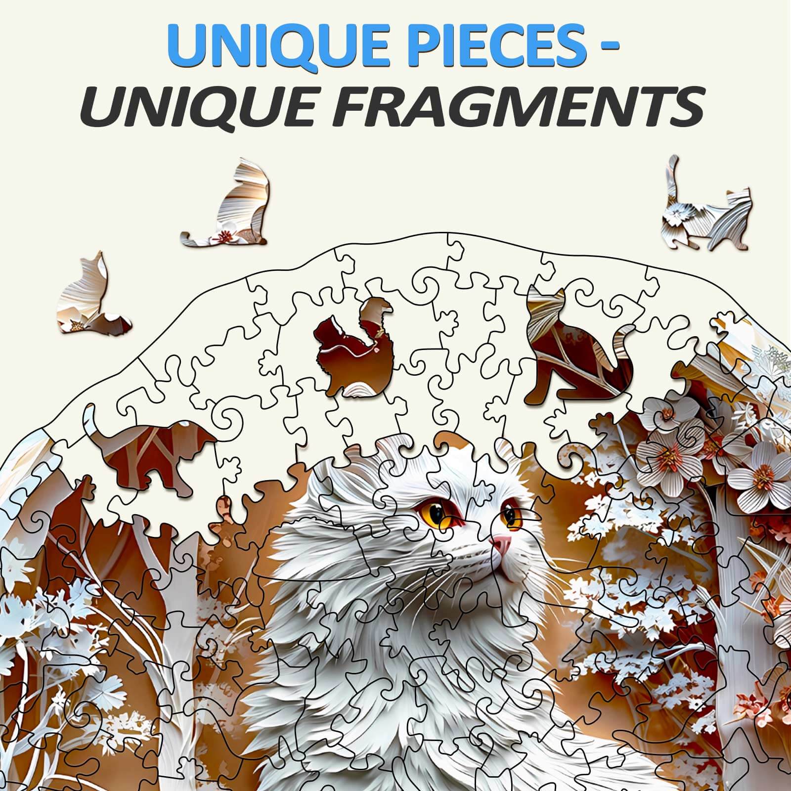 Colorful 3D Cat-3 wooden jigsaw puzzle pieces featuring a cat among natural scenery.