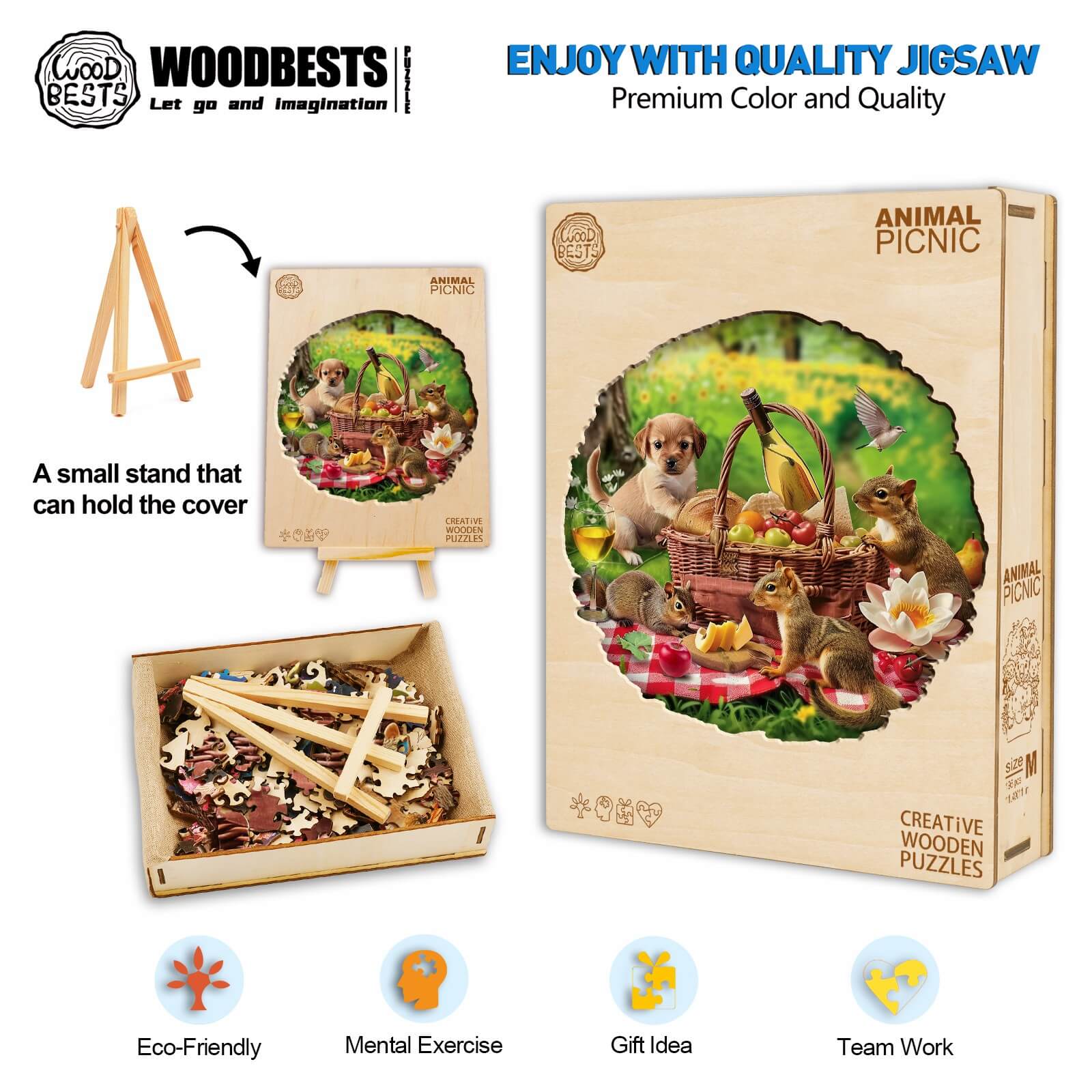 Animal Picnic Wooden Jigsaw Puzzle with eco-friendly materials, designed for mental exercise and teamwork. Perfect gift idea.