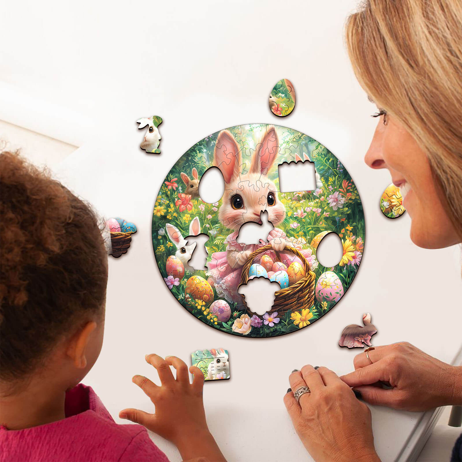 Cute Easter Bunny children's wooden jigsaw puzzle with colorful pieces, promoting family fun and creativity.