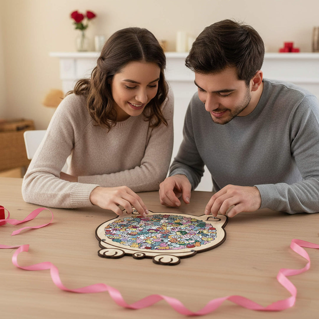 Cute Lover Cat Shaped Wooden Jigsaw Puzzle