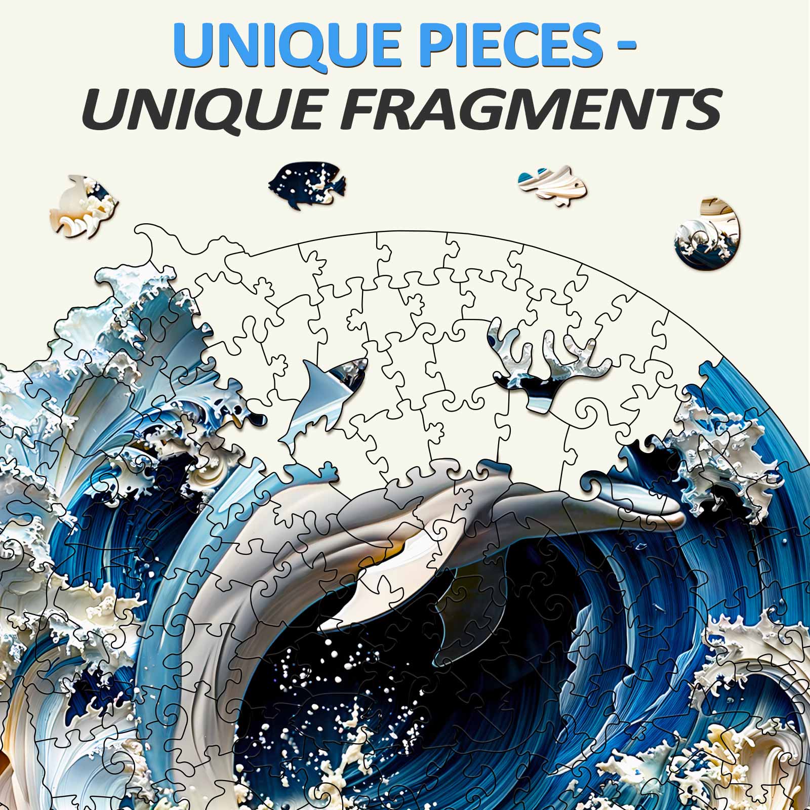 3D Dolphin-1 jigsaw puzzle pieces showcasing unique fragments against a wave background, designed for engaging mind games.