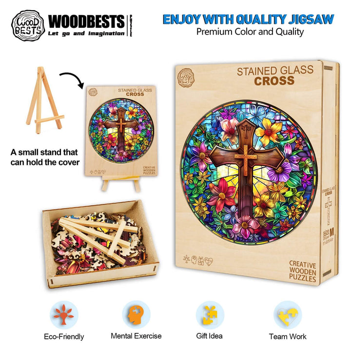 Stained Glass Cross Wooden Jigsaw Puzzle