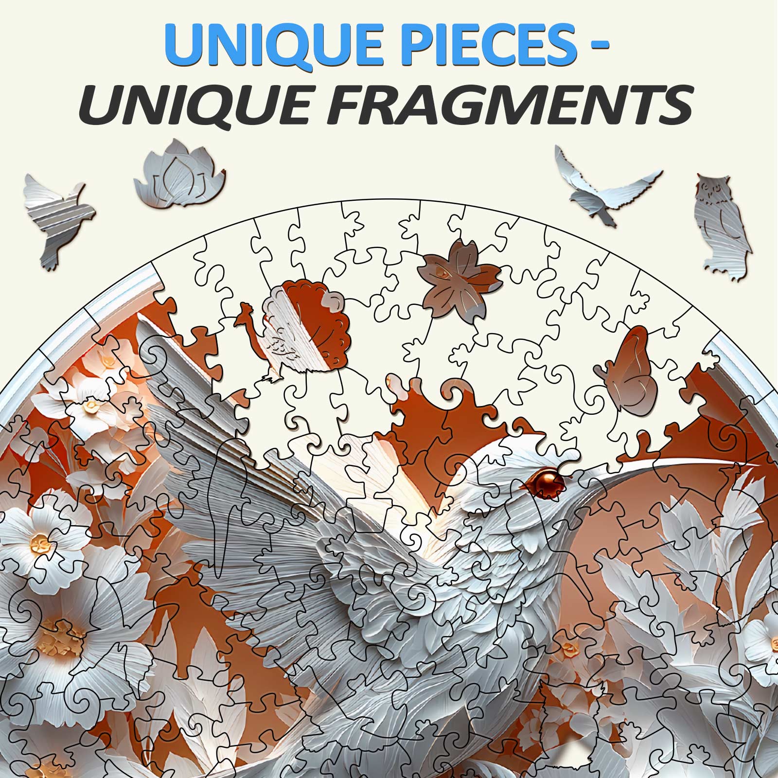 3D Paper Hummingbird jigsaw puzzle pieces showcasing unique designs and intricate fragments.