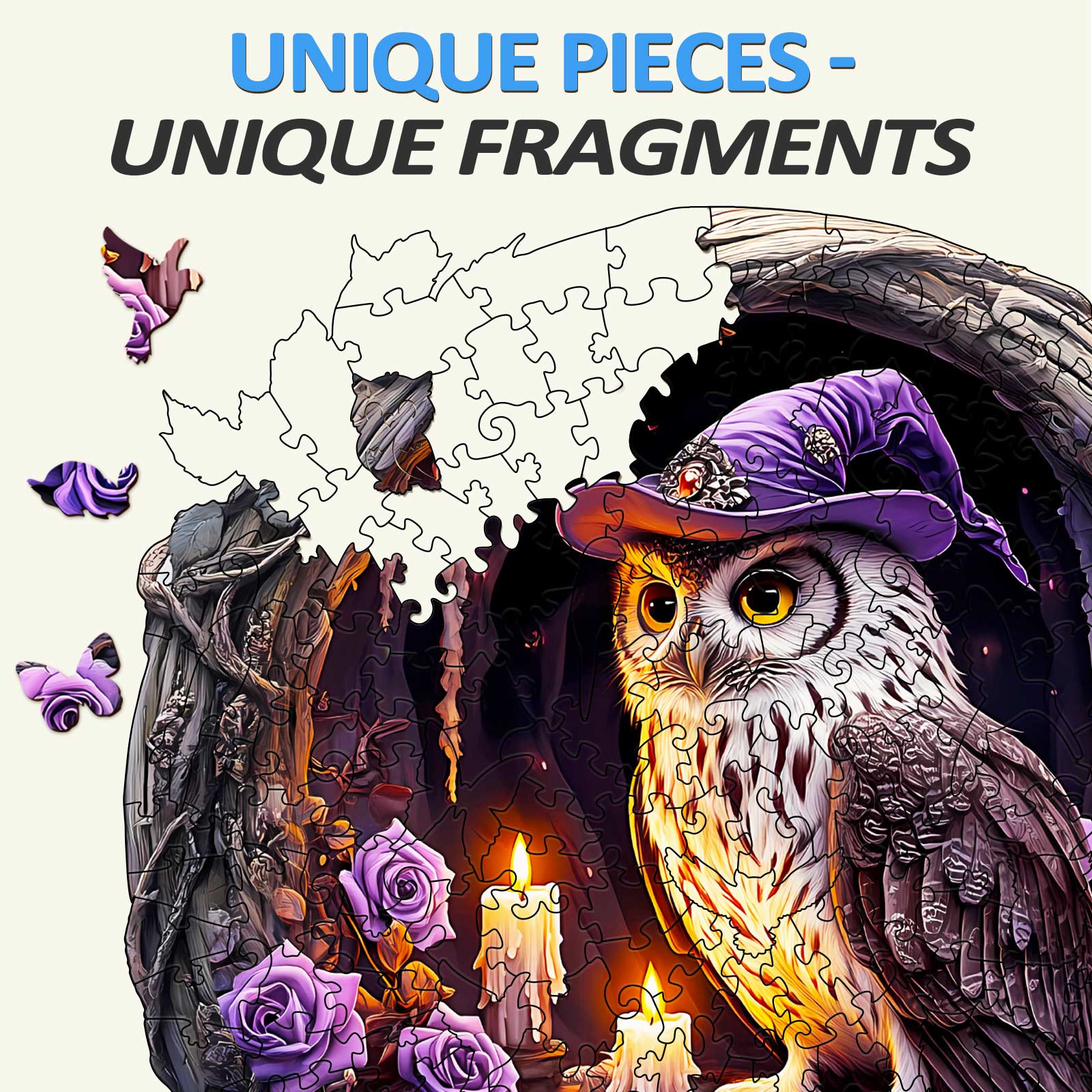 3D Witch Owl wooden jigsaw puzzle featuring unique pieces and vibrant artwork, perfect for puzzle enthusiasts.