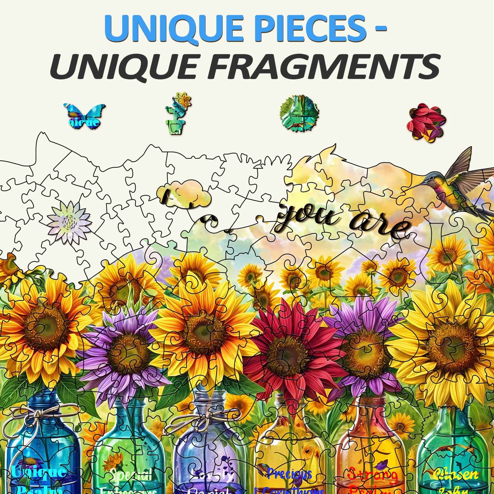 Colorful wooden jigsaw puzzle featuring sunflowers and inspirational phrase 'you are', promoting focus and mindfulness.