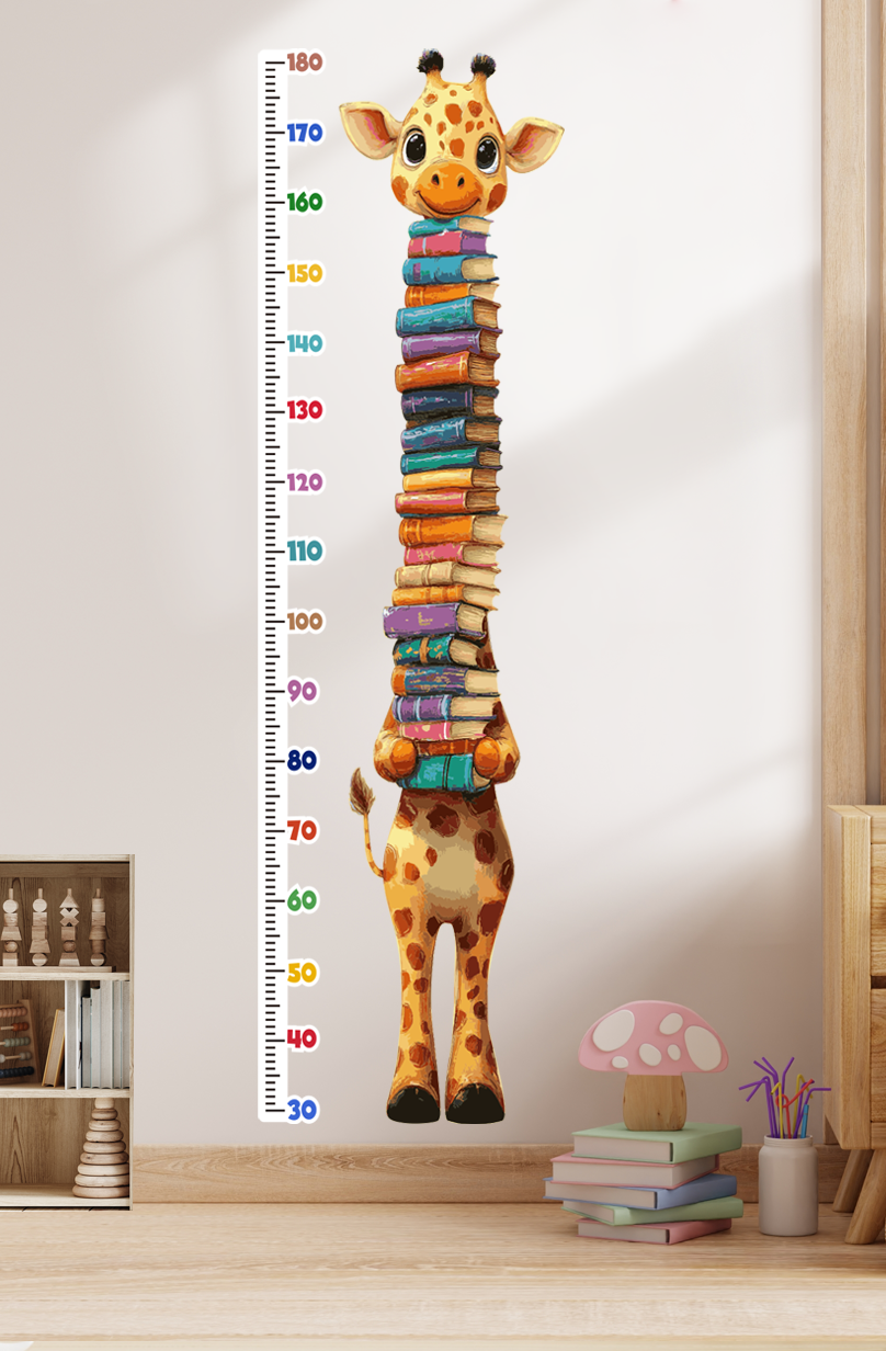 Adorable girafe tenant des livres Autocollant mural toise de croissance
