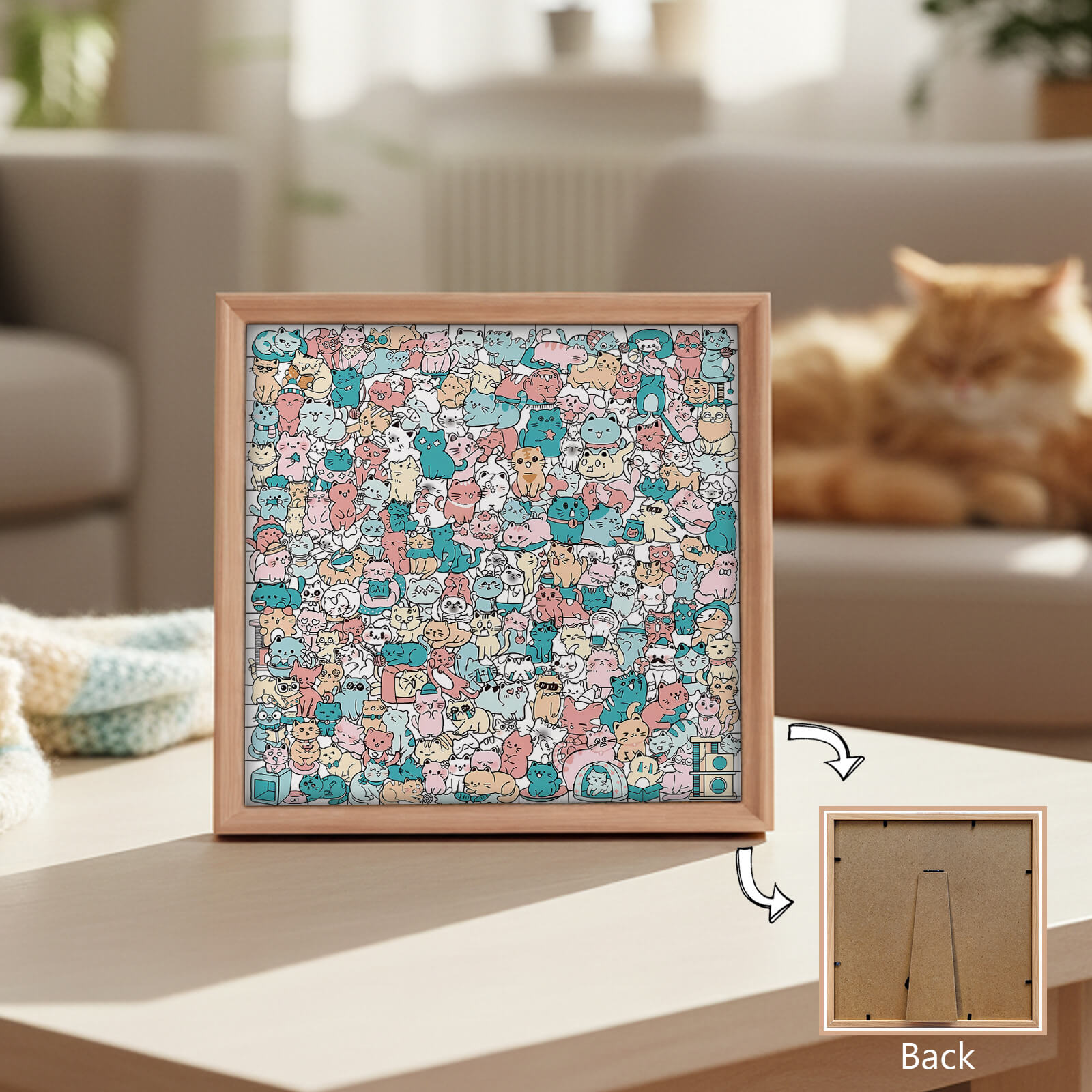 Puzzle carré en bois 200 pièces couleur Morandi en forme de chat adorable