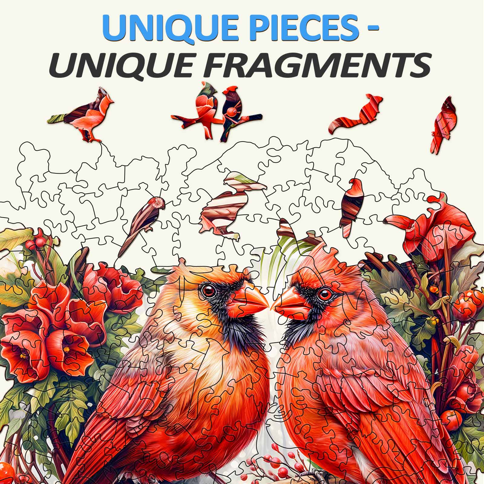 Cardinal wooden jigsaw puzzle featuring vibrant cardinals and flowers, perfect for enhancing focus and problem-solving skills.