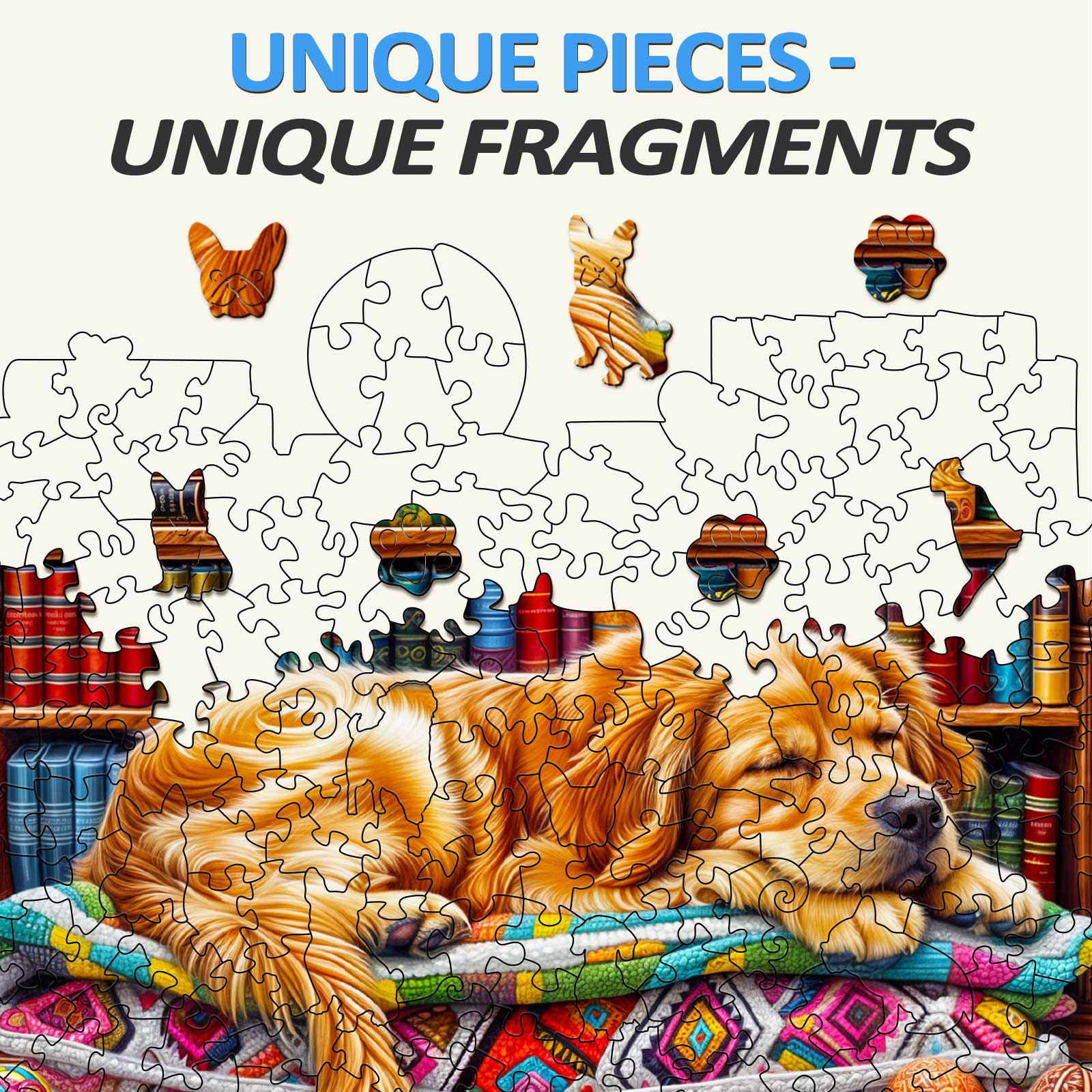 Sleeping Golden Retriever wooden jigsaw puzzle showcasing unique pieces for a fun and engaging mind game experience.