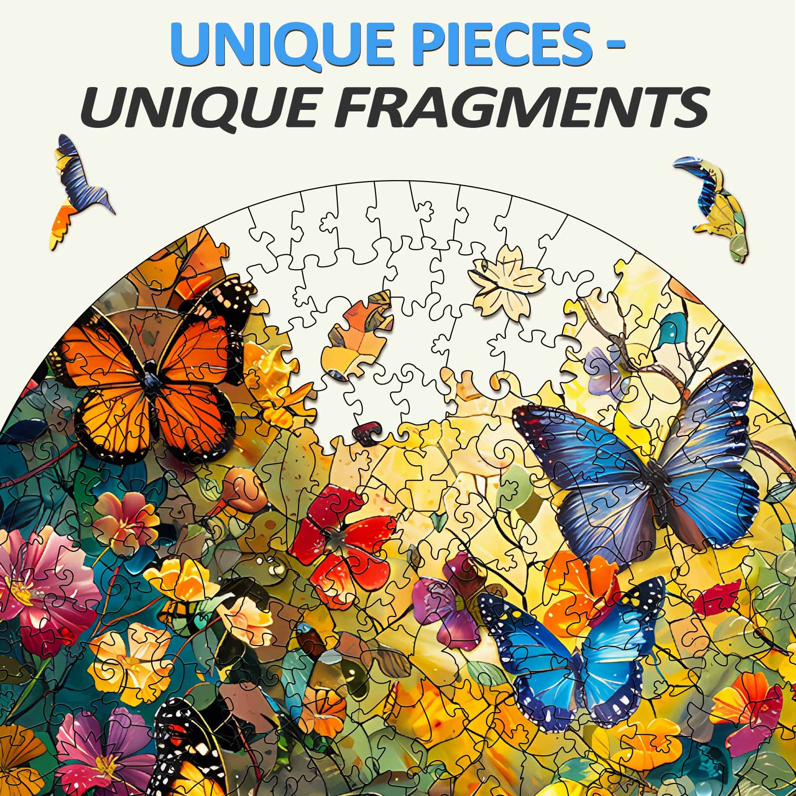 Colorful butterflies and flowers wooden jigsaw puzzle pieces, showcasing unique fragments for enhanced focus and fun.