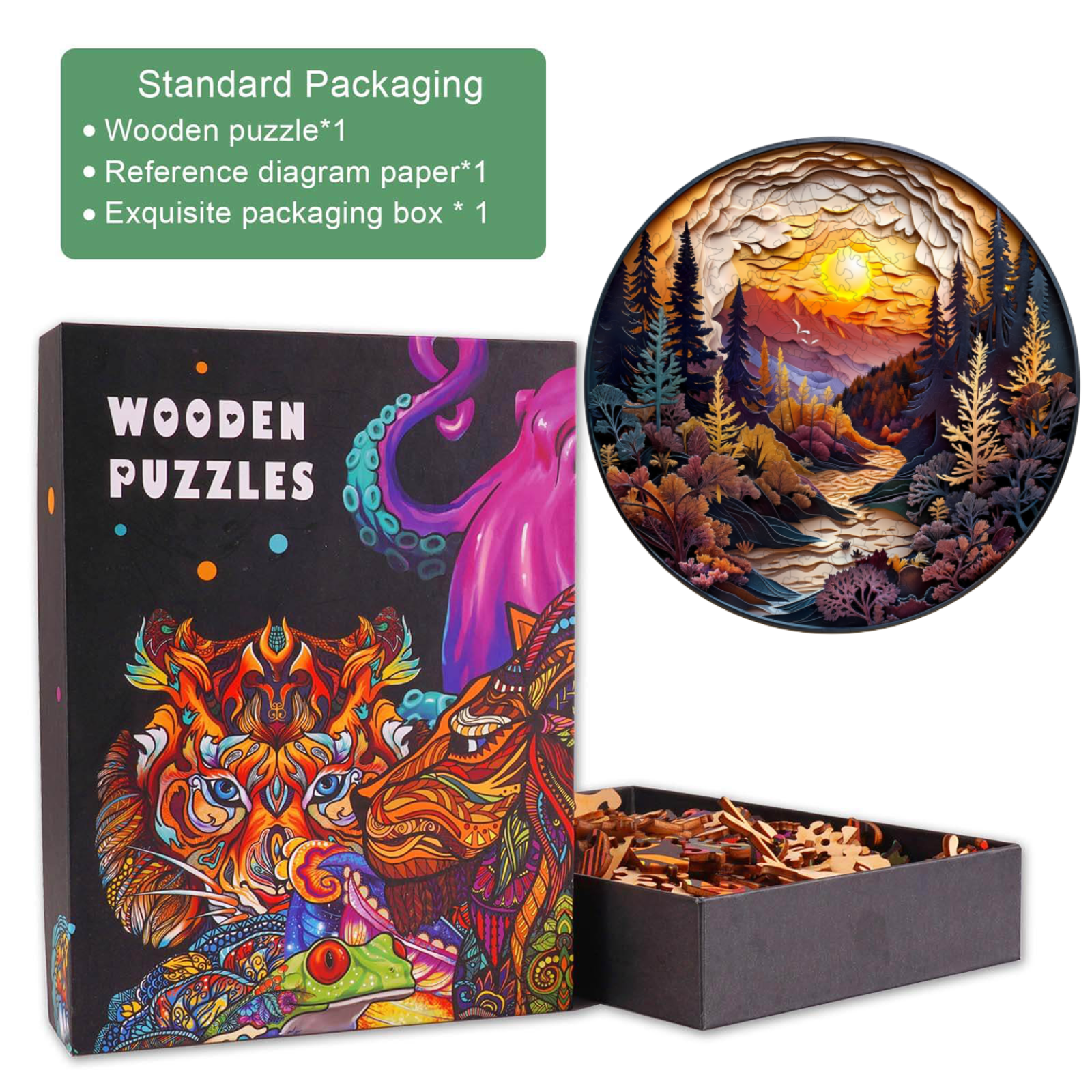 3D Sonnenuntergang Wald Holzpuzzle