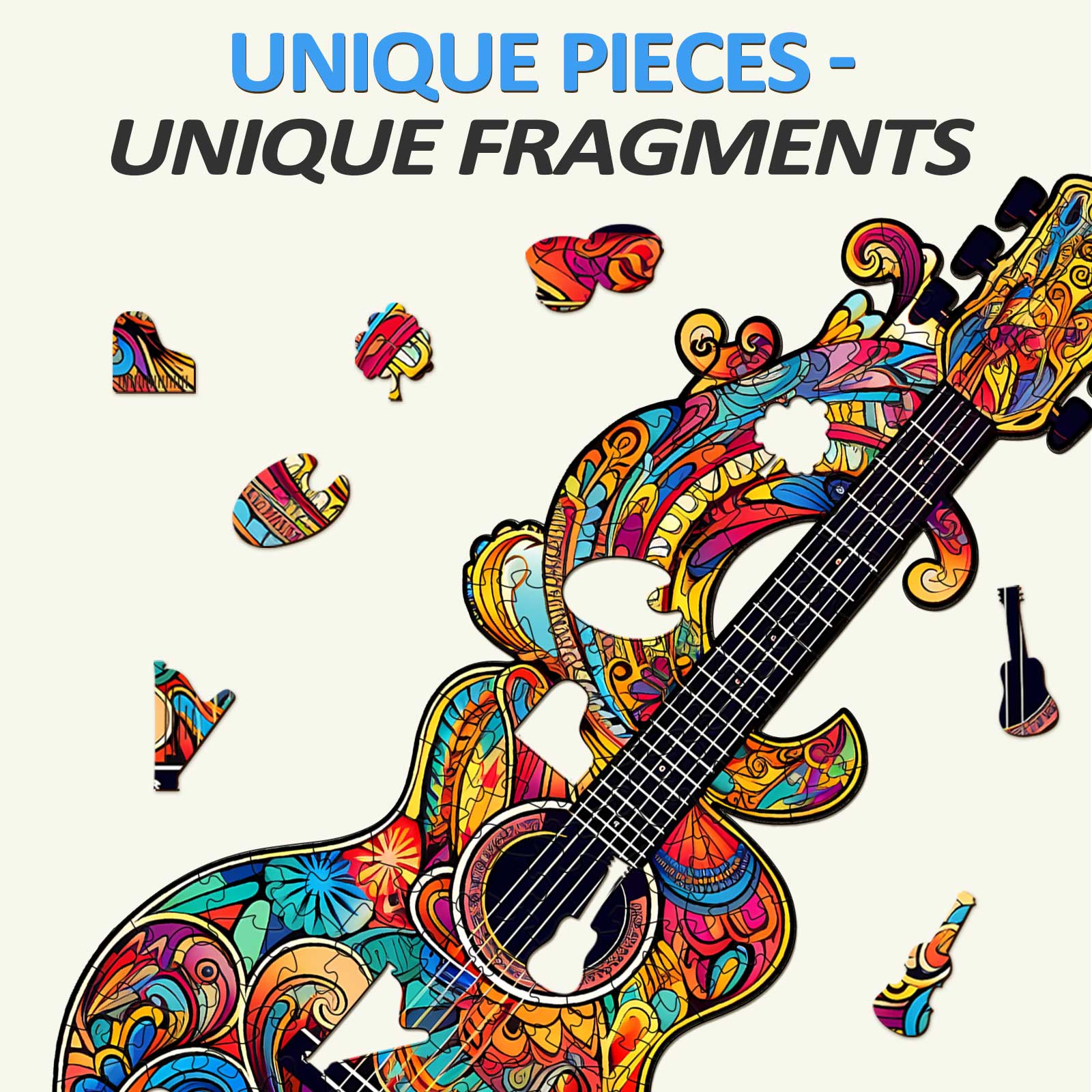 Colorful wooden guitar jigsaw puzzle pieces with intricate designs on a light background.