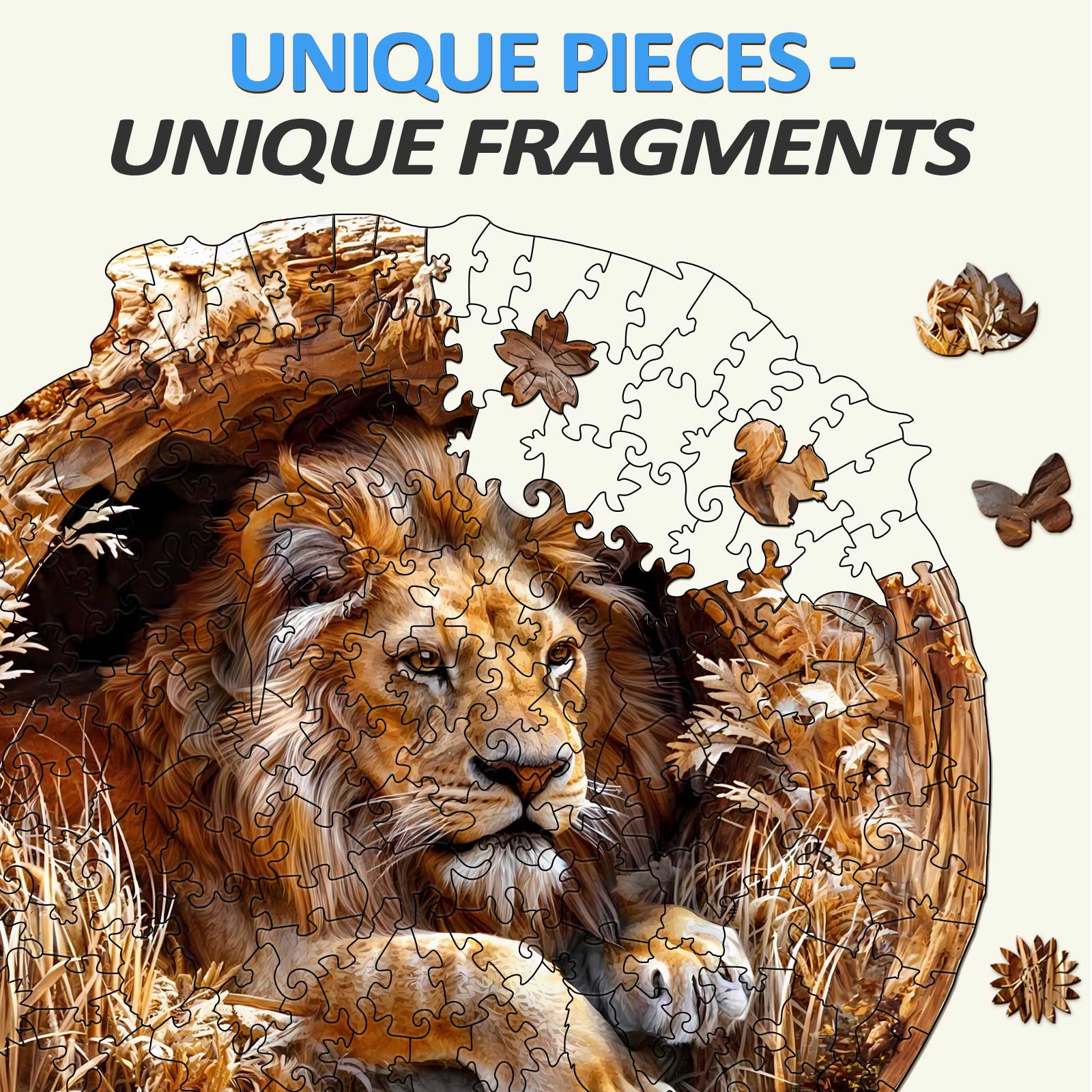3D lion wooden jigsaw puzzle with unique pieces, designed for mind engagement and focus enhancement.
