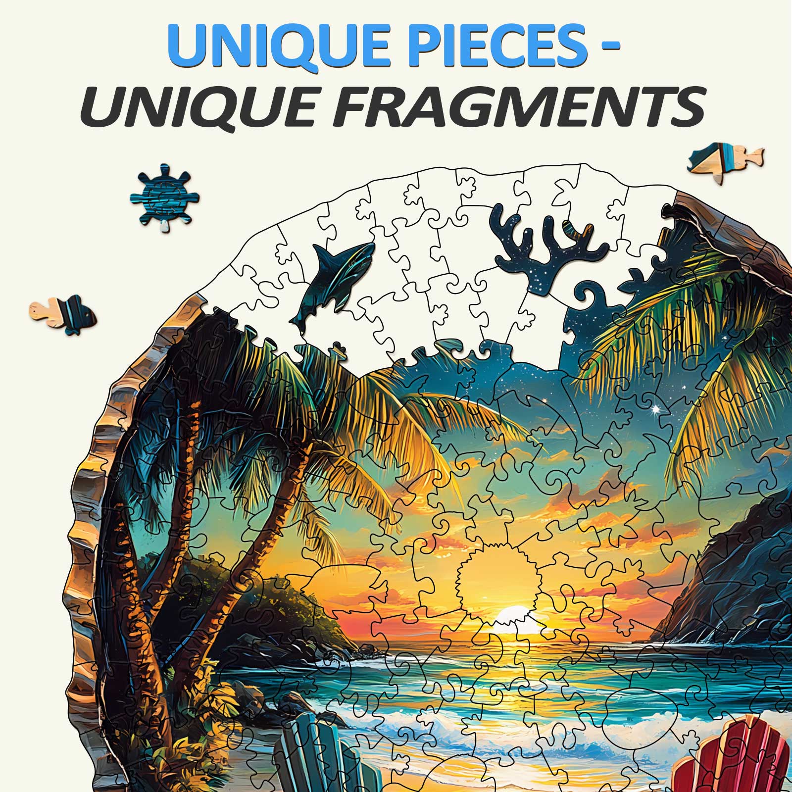 3D Sunset Beach Wooden Jigsaw Puzzle pieces showcasing unique fragments and vibrant colors of a tropical sunset.