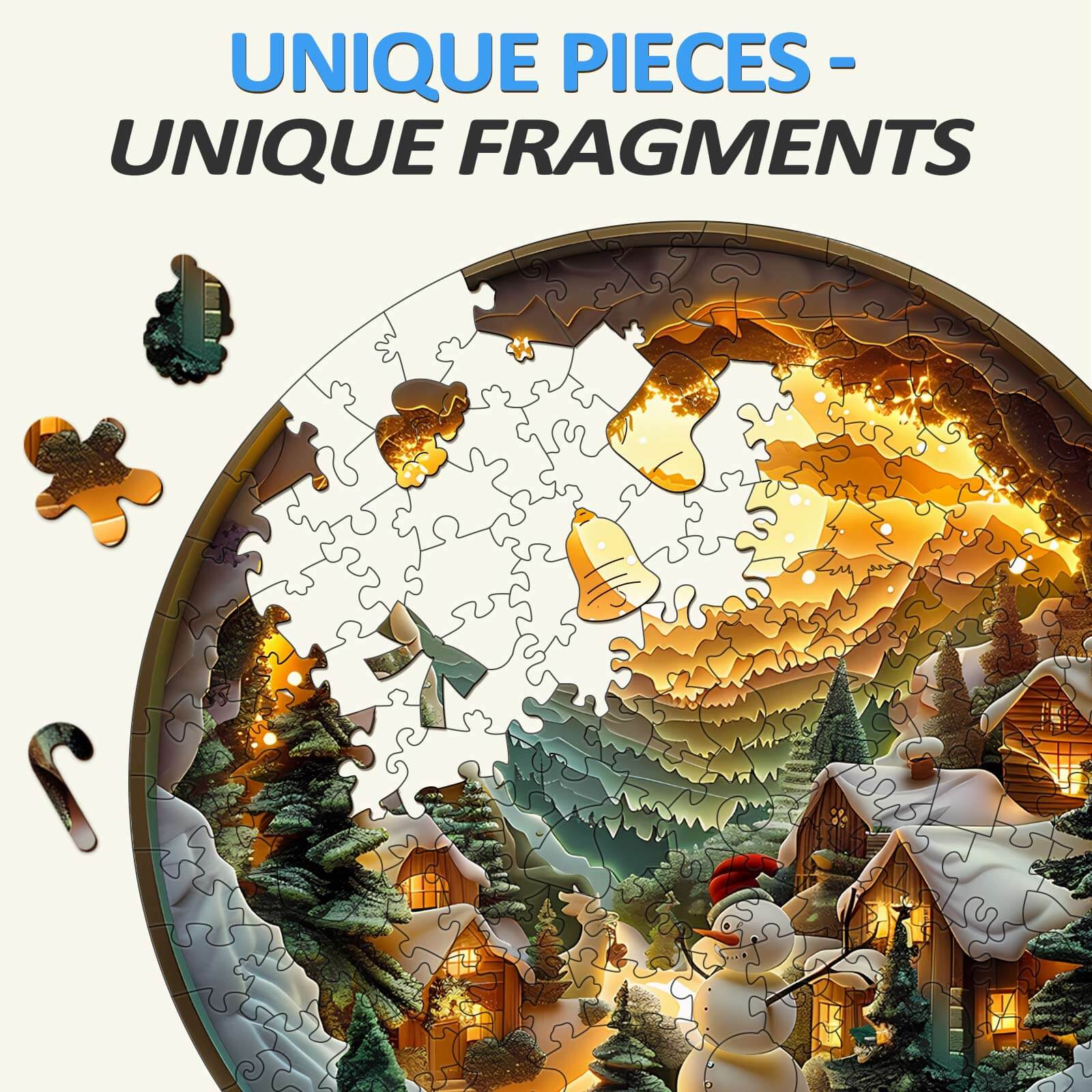 3D Christmas Village wooden puzzle featuring unique pieces and a cozy winter scene with snowmen and houses.