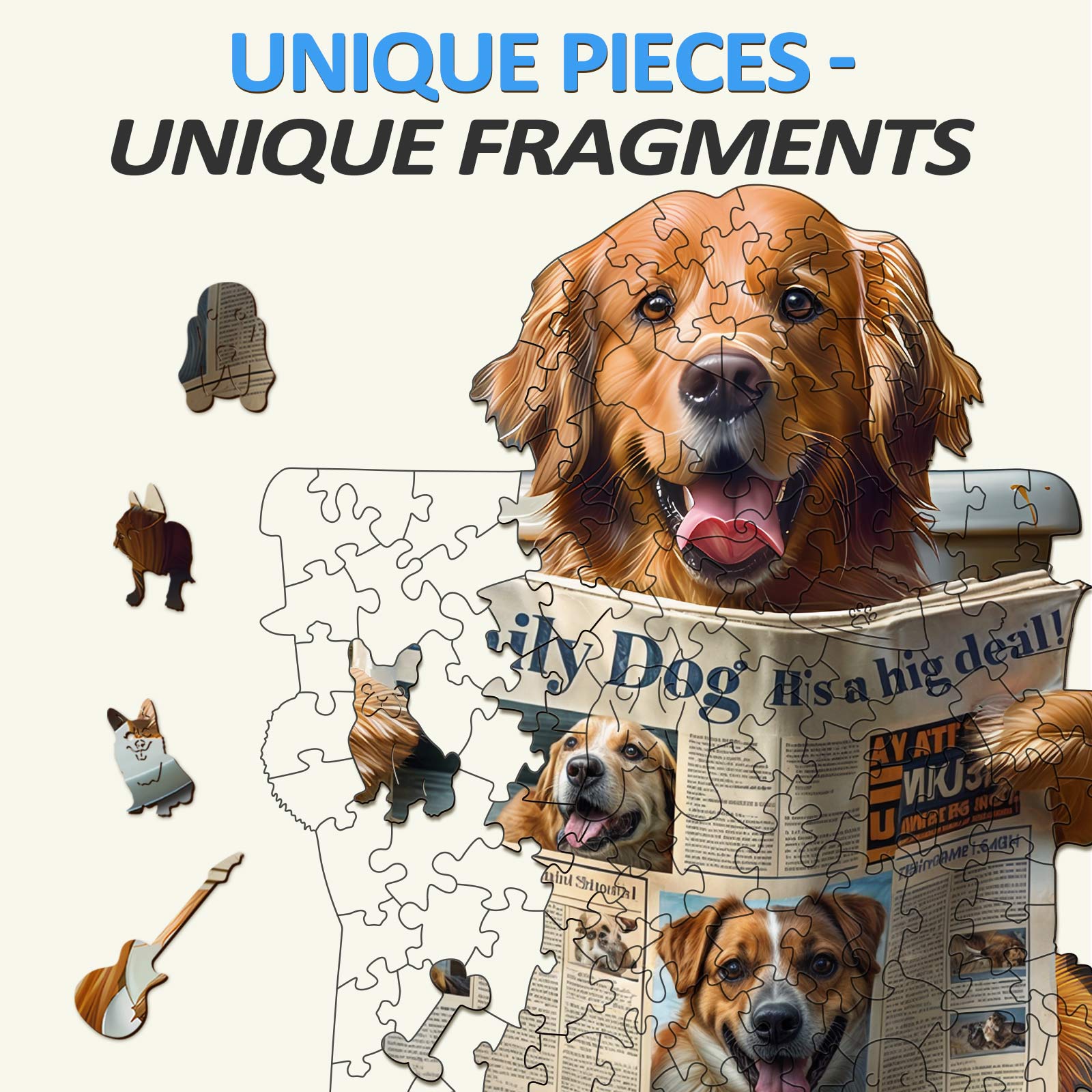 Leisure Time wooden jigsaw puzzle featuring a dog reading a newspaper with unique puzzle pieces.