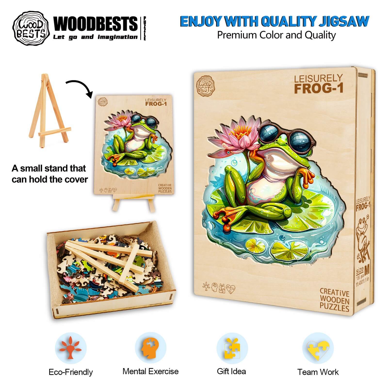 Leisurely Frog-1 wooden jigsaw puzzle with eco-friendly design, perfect for mental exercise and gifting.
