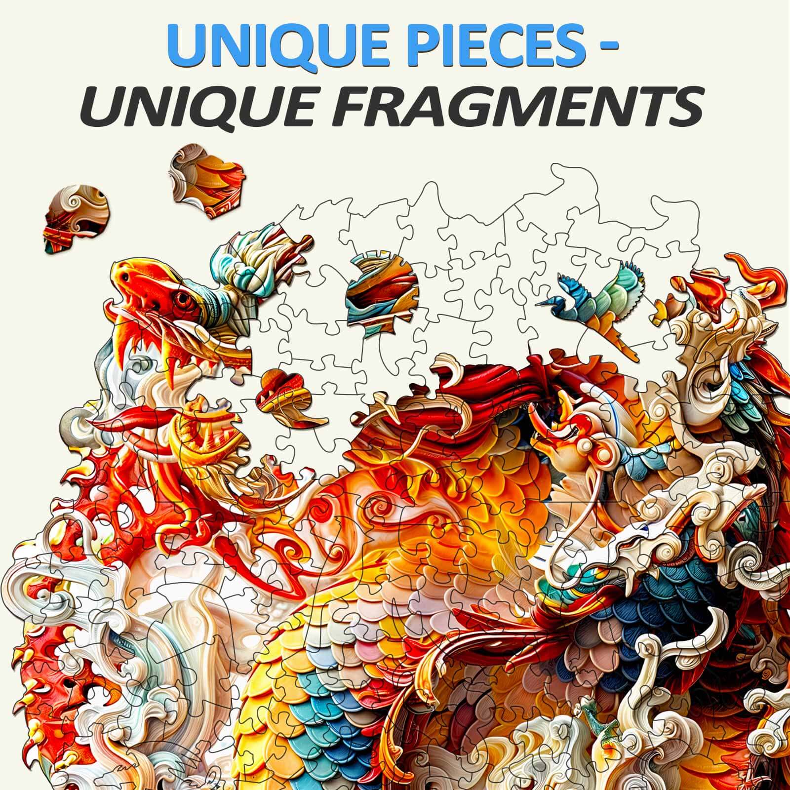 Close-up of a unique 3D jigsaw puzzle featuring vibrant Chinese dragon design and intricate puzzle pieces.