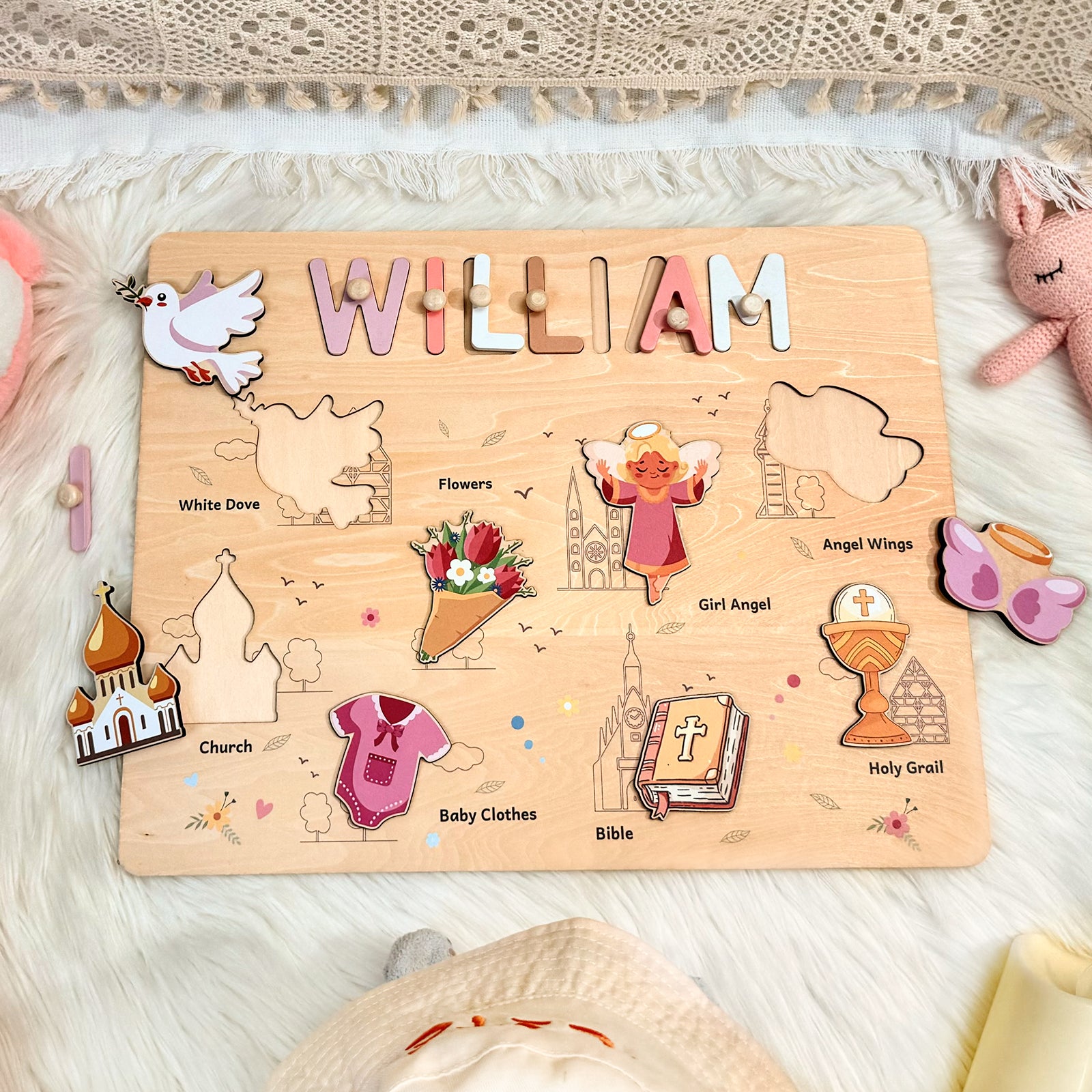 Personalized Wooden Name Puzzle - Baptism Girl Set for Toddlers
