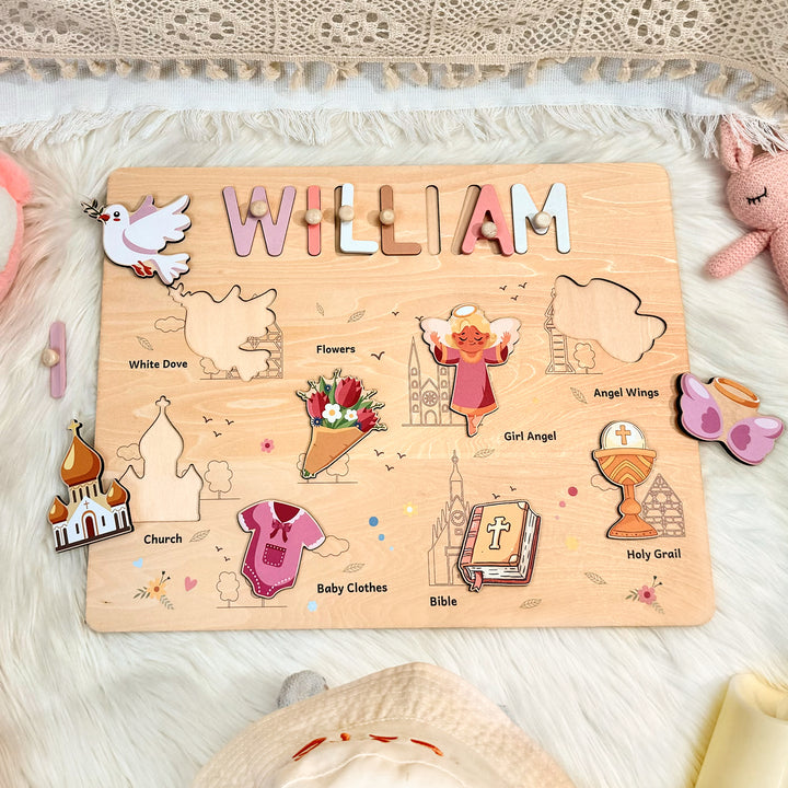 Personalized Wooden Name Puzzle - Baptism Girl Set for Toddlers