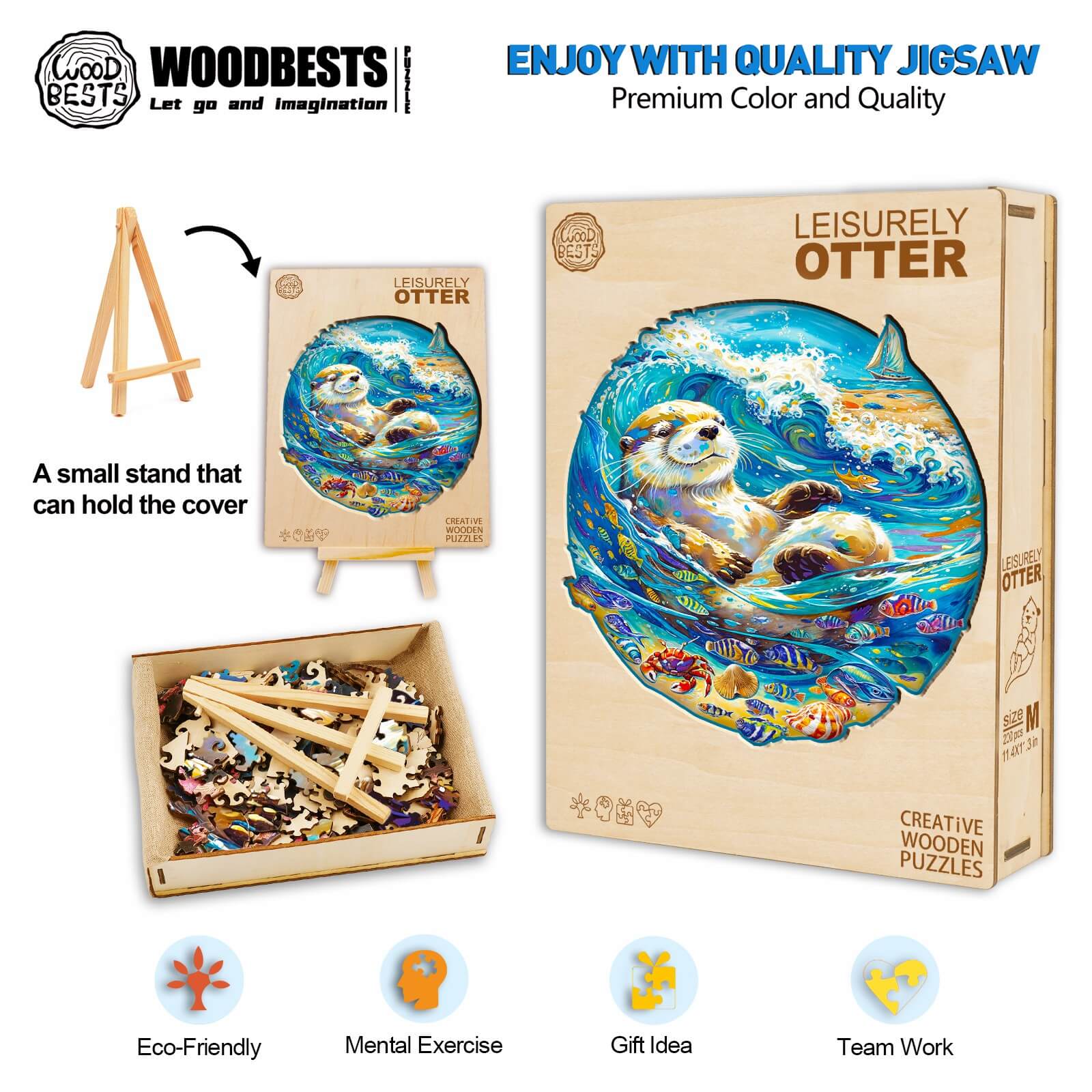 Leisurely Otter wooden jigsaw puzzle with vibrant colors, perfect for mental exercise and gifts.