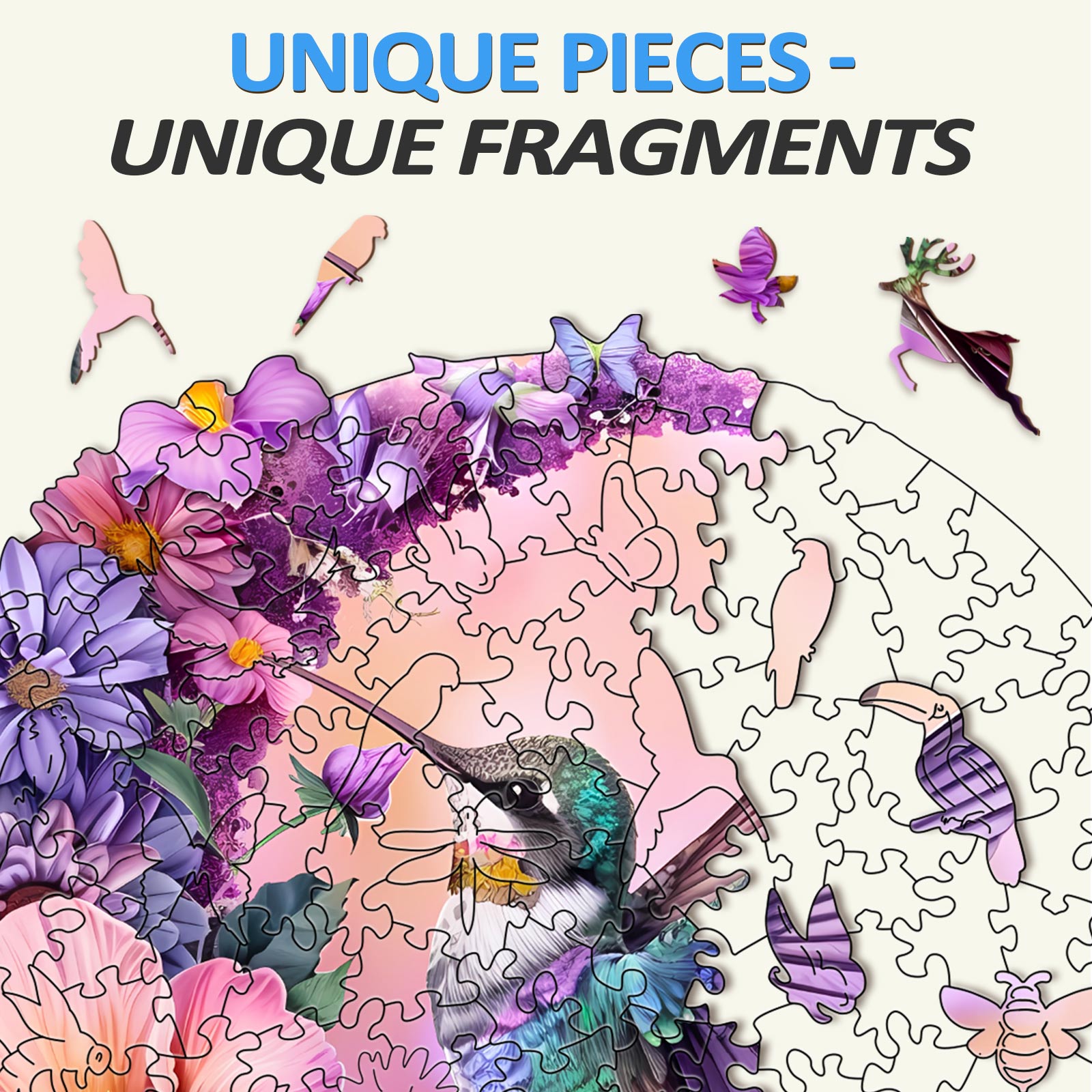 Colorful wooden jigsaw puzzle featuring a hummingbird amidst flowers, highlighting unique puzzle pieces for mind games.
