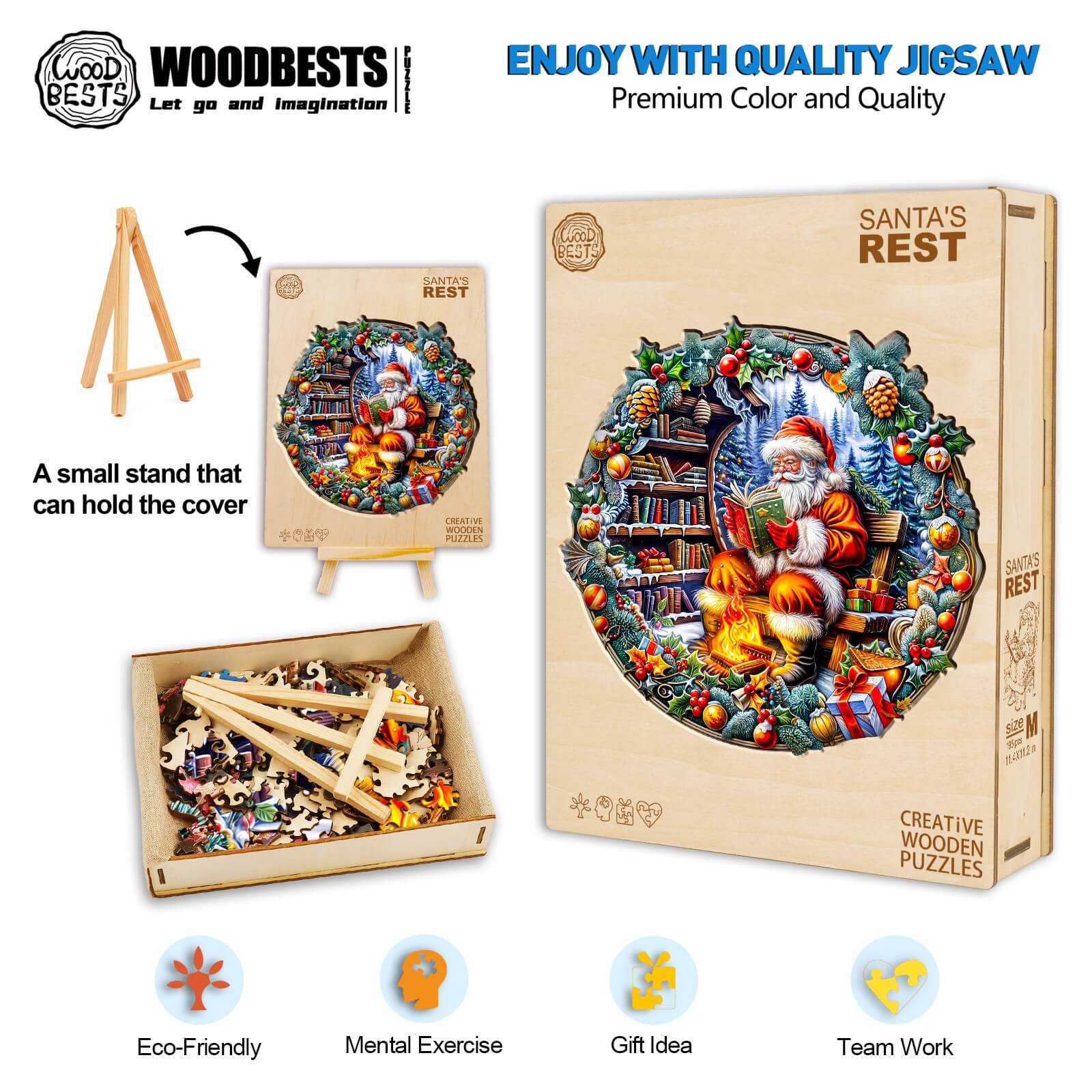Santa's Rest Wooden Jigsaw Puzzle featuring Fireside Santa, great for mental exercise and teamwork.