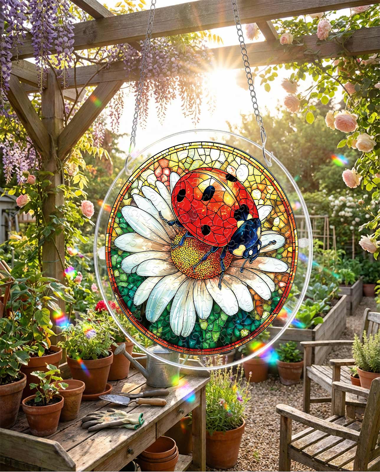Acrylpuzzle-Sonnenfänger - Marienkäfer auf Gänseblümchen