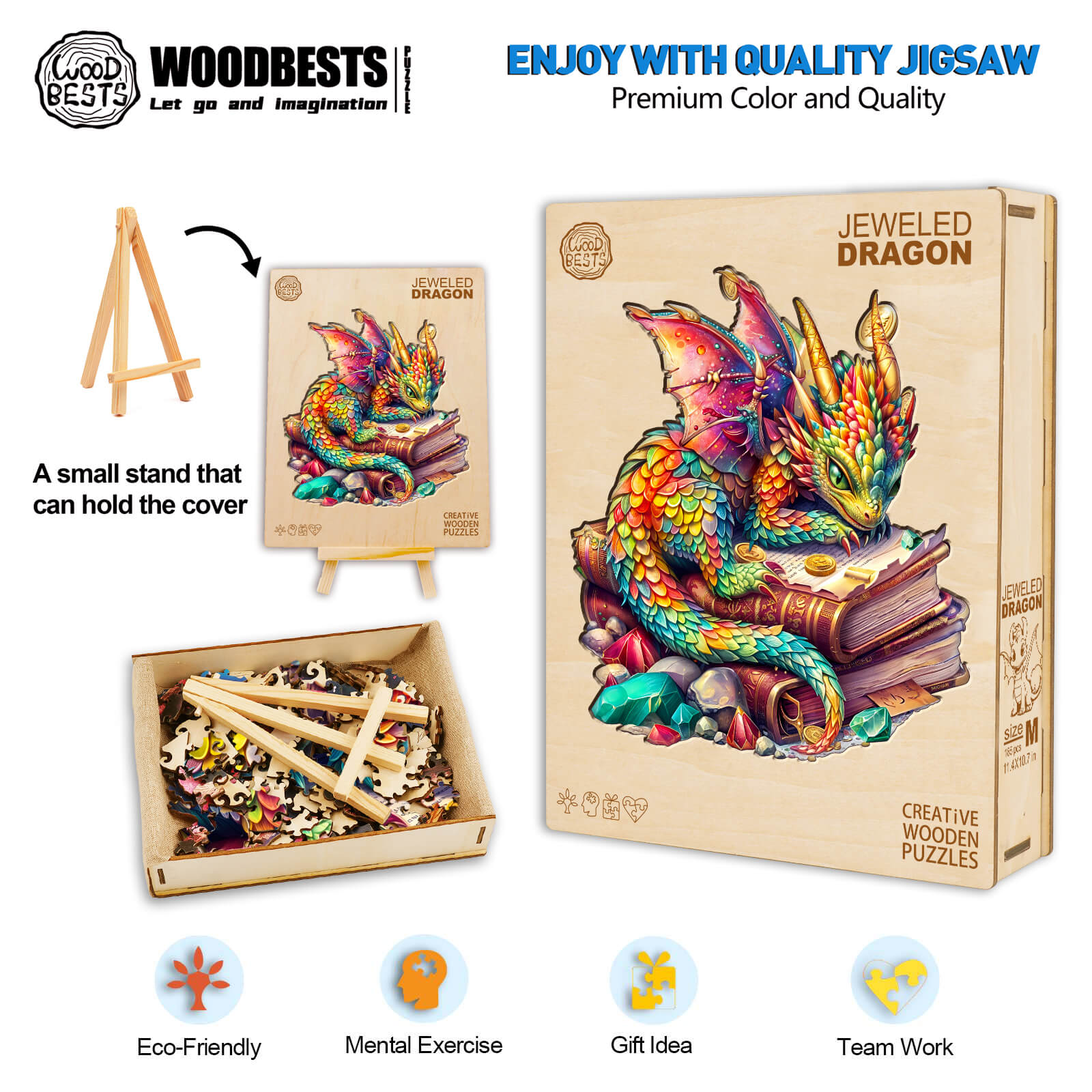 Jeweled Dragon Wooden Jigsaw Puzzle with vibrant colors and eco-friendly materials for mental exercise and teamwork.