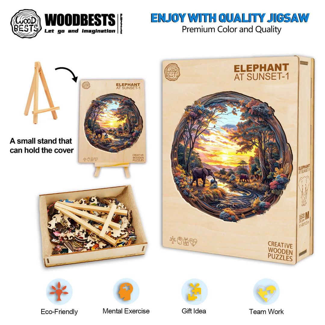 Elephant at Sunset-1 Wooden Jigsaw Puzzle