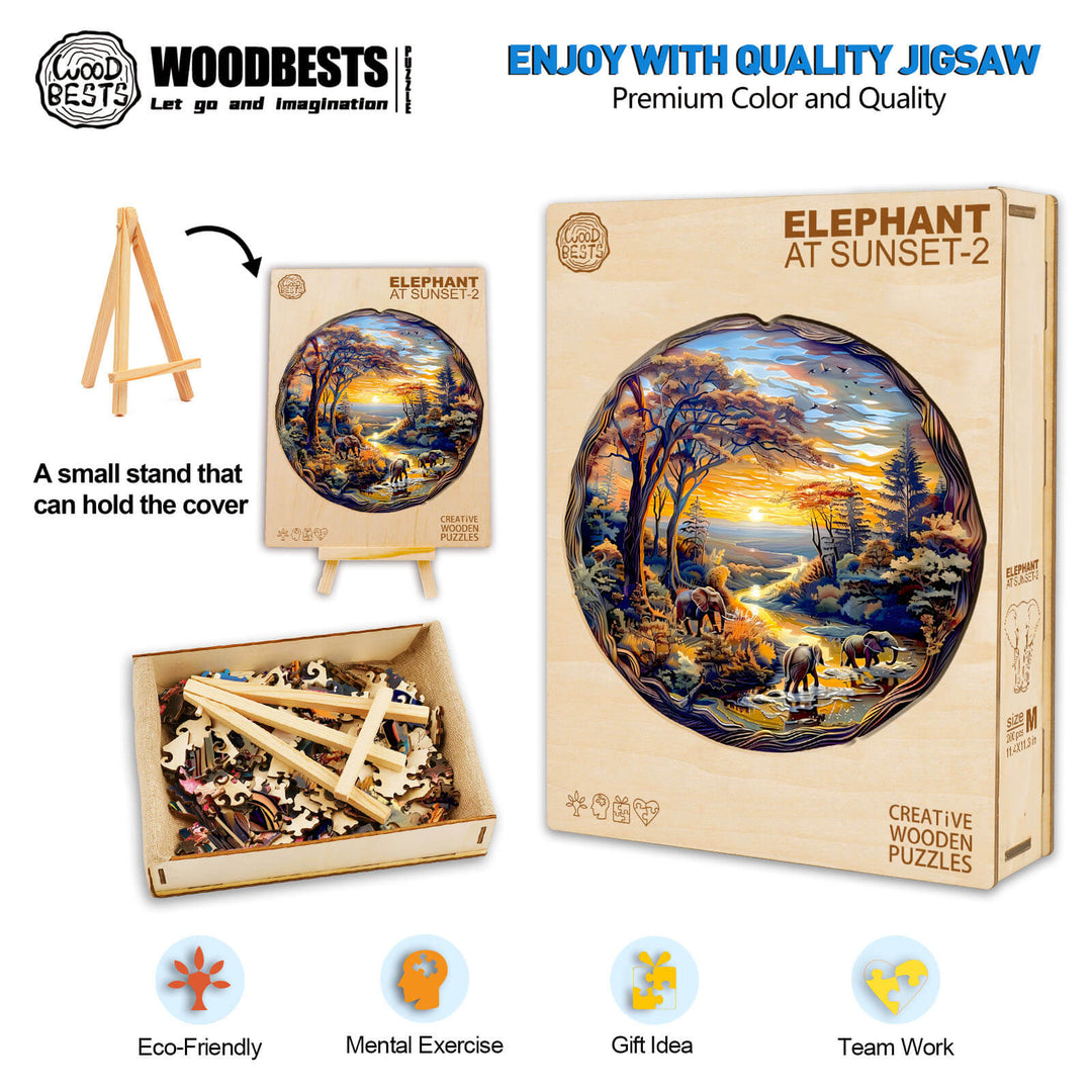 Elephant at Sunset-2 Wooden Jigsaw Puzzle