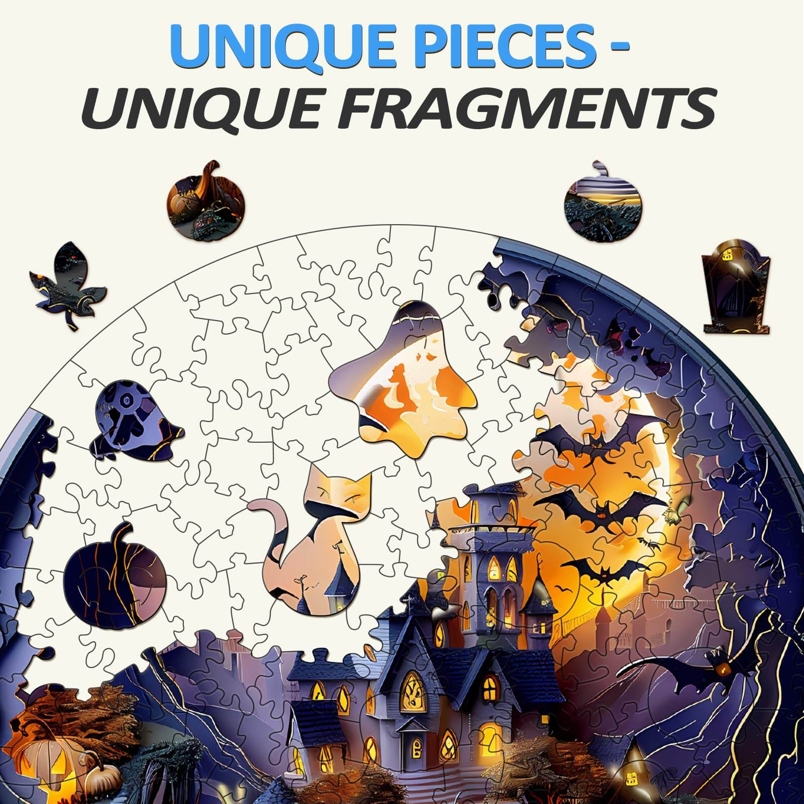 Close-up of 3D Halloween Castle-2 wooden jigsaw puzzle pieces showcasing unique shapes and colorful fragments.
