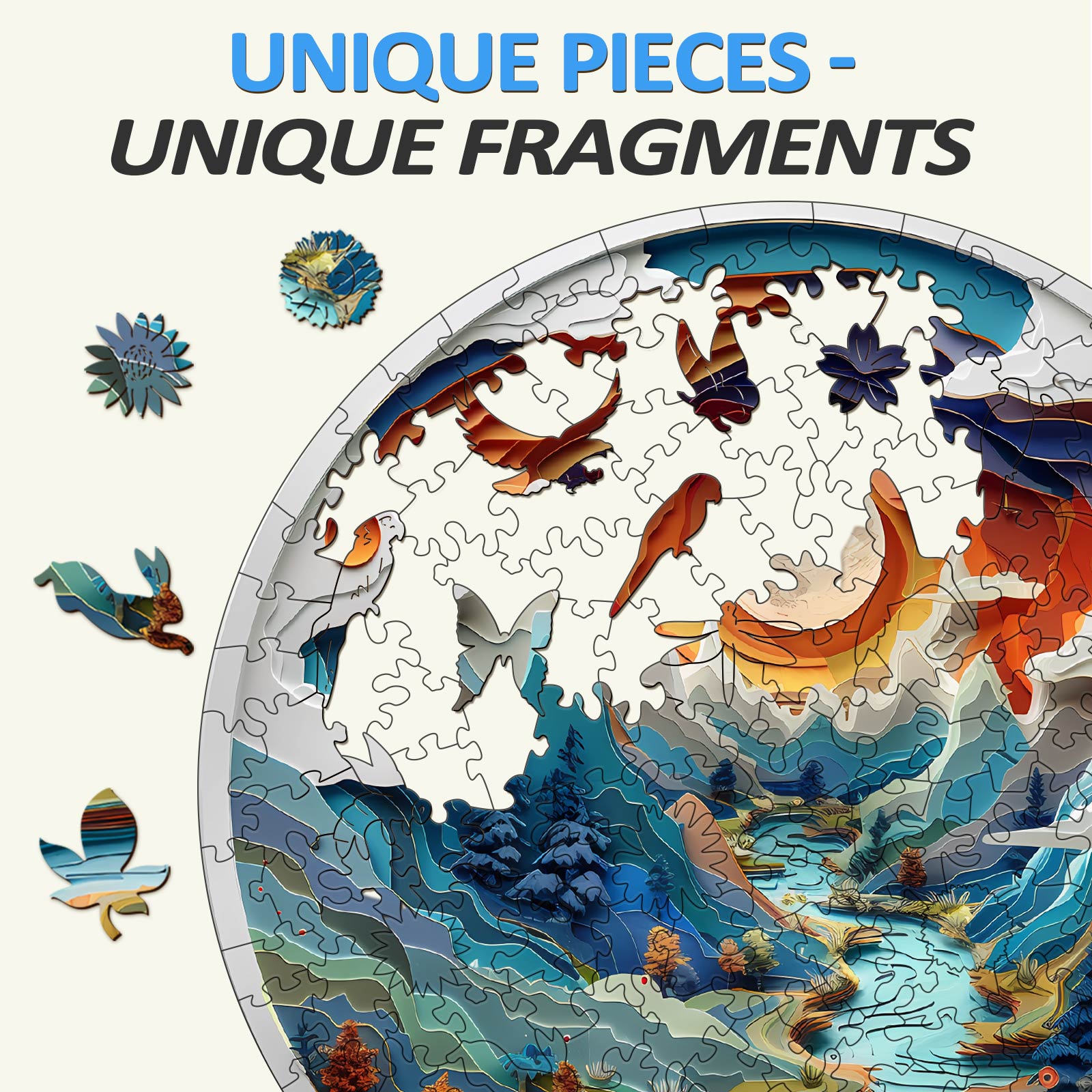 Colorful unique pieces of a 3D wooden puzzle featuring a cave scene with birds and a river.