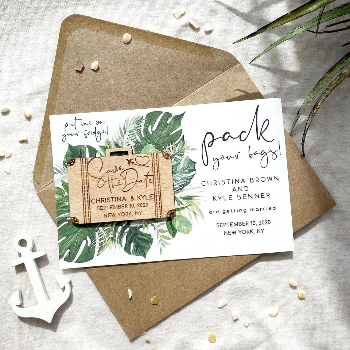 Tropical Save the Date Magnet, Suitcase Invitation, Boarding Pass Save the Date, Wood Wedding Invitation