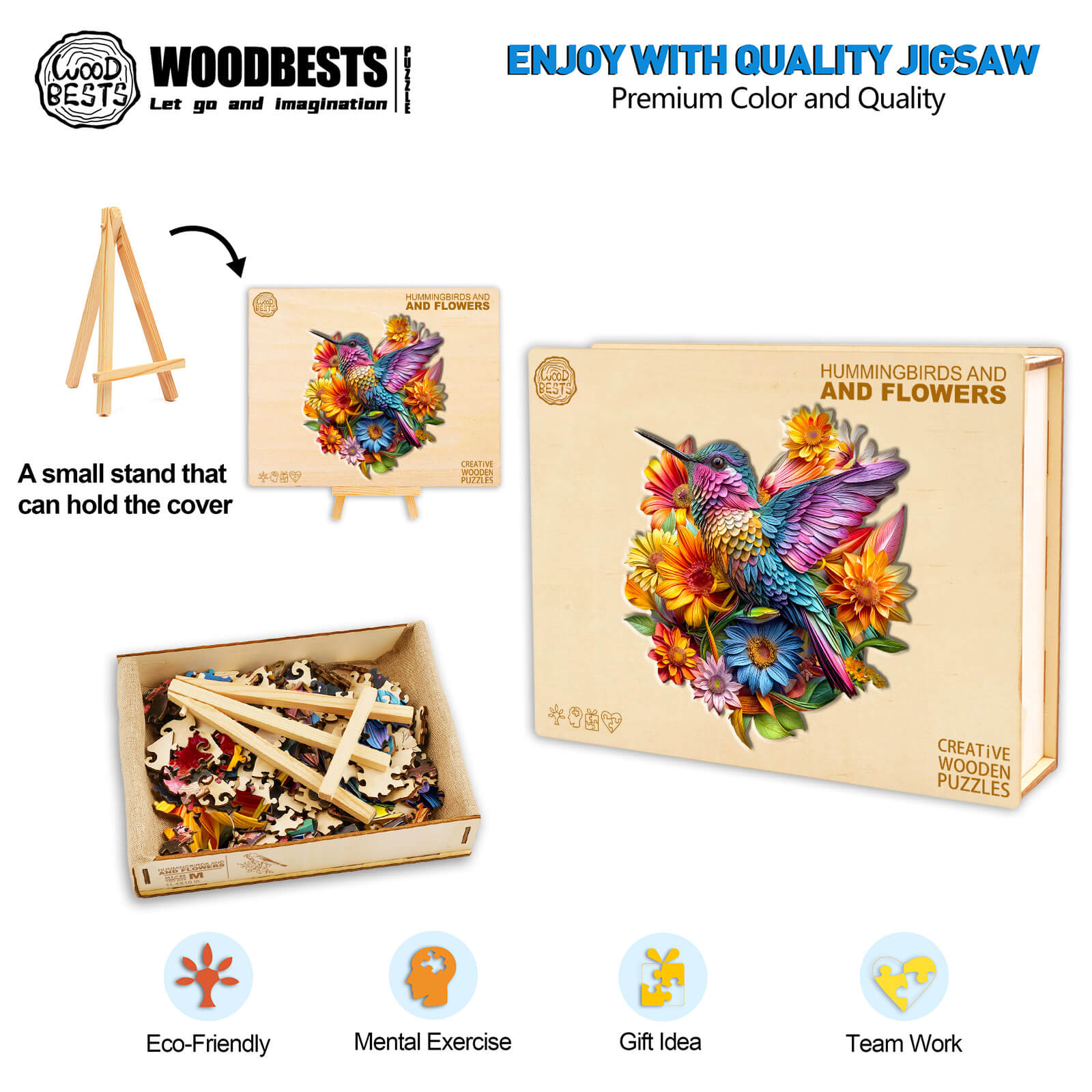 Hummingbird and Flowers Wooden Jigsaw Puzzle with pieces and eco-friendly packaging for mental exercise and teamwork.