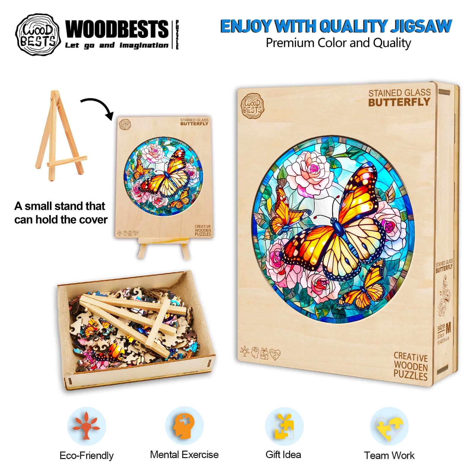 Stained Glass Butterfly Wooden Jigsaw Puzzle set with colorful pieces, stand, gift ideas, and mind exercise benefits.