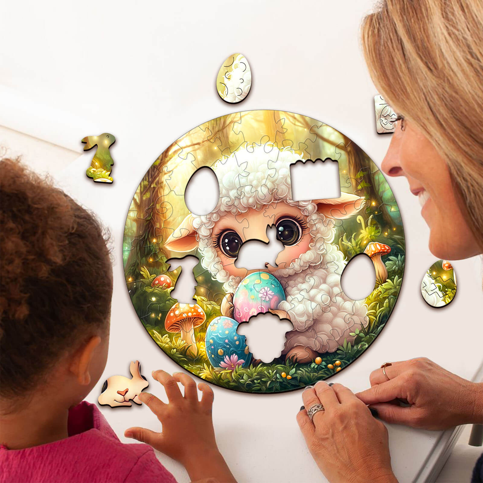 Cute Easter sheep jigsaw puzzle for children, featuring a fluffy sheep and colorful eggs, perfect for family fun.