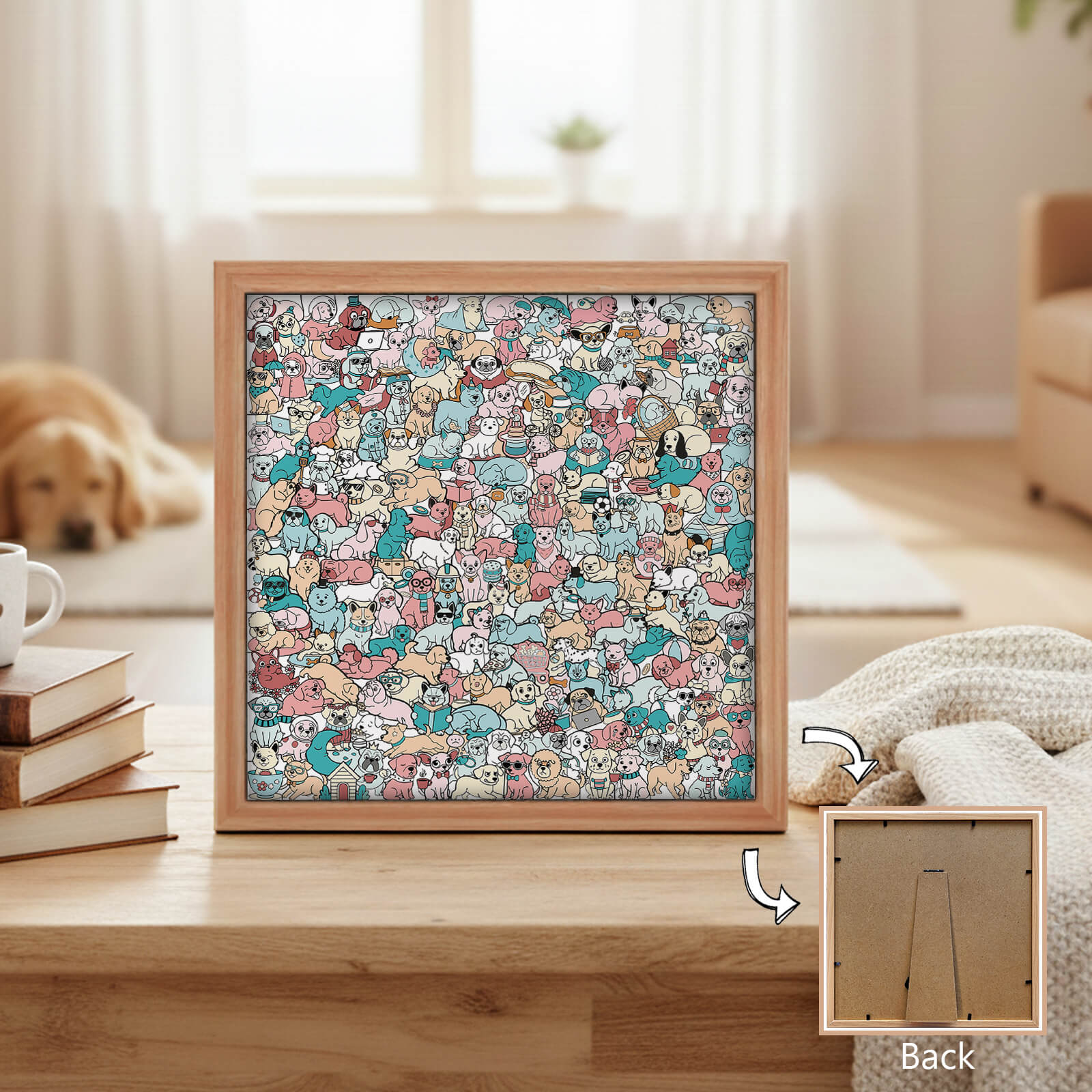 Puzzle carré en bois 195 pièces couleur Morandi en forme de chien mignon