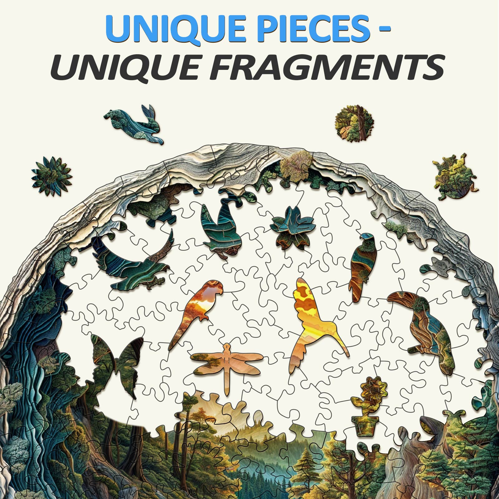 3D cave forest wooden jigsaw puzzle showcasing unique pieces and vivid wildlife fragments for mindful play.
