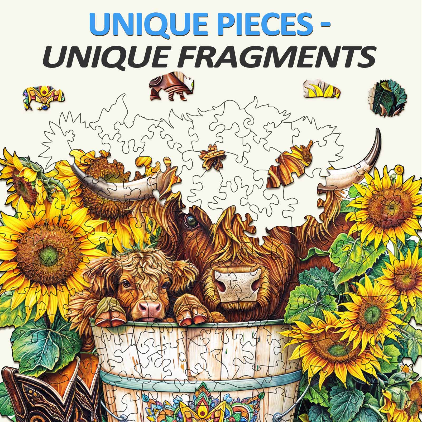 Colorful sunflower pasture jigsaw puzzle showcasing unique pieces and fragments with animals for immersive mind games.