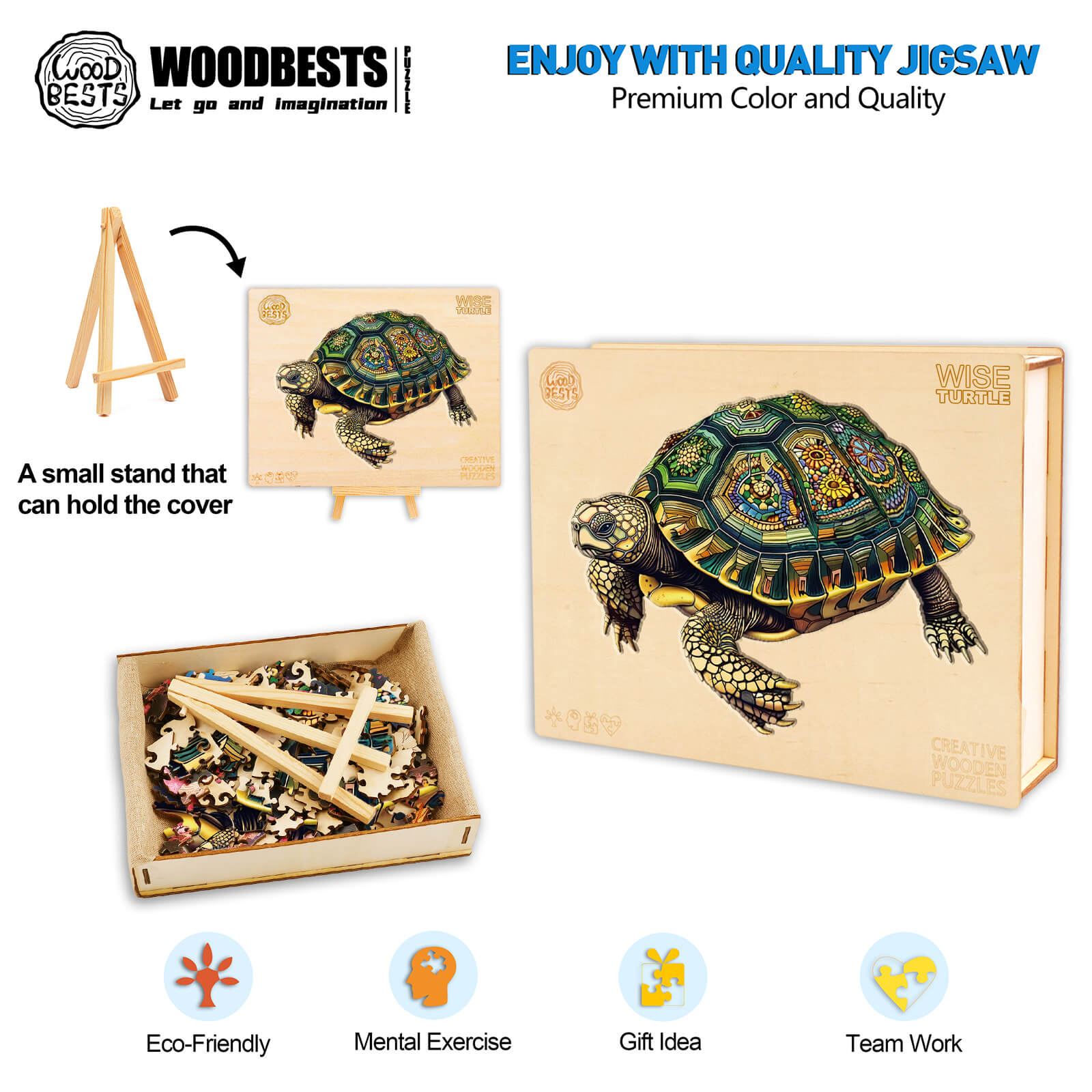 Wise Turtle Wooden Jigsaw Puzzle, eco-friendly, mental exercise, gift idea for teamwork and focus.