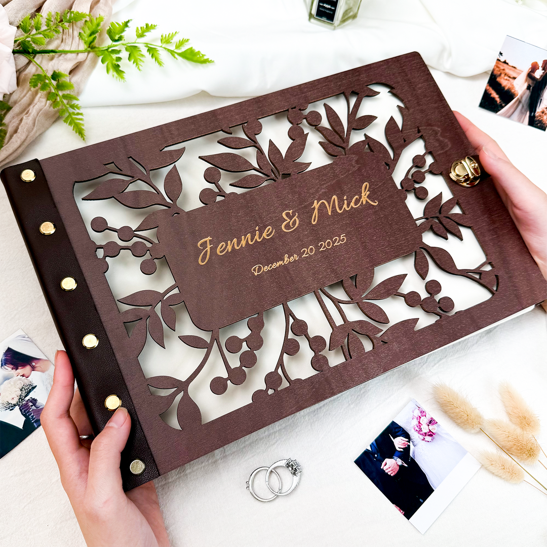 Wooden Photo Album with Carved Flowers and Engraved Names