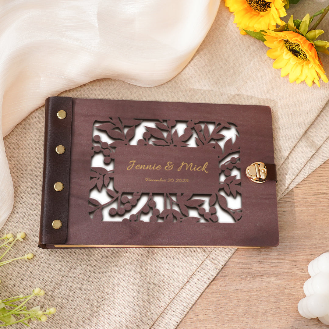 Wooden Photo Album with Carved Flowers and Engraved Names