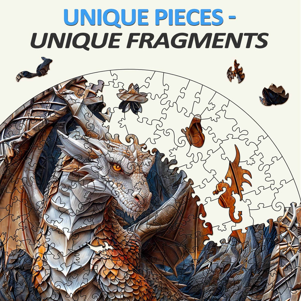 3D Cave Dragon Wooden Jigsaw Puzzle showing unique puzzle pieces and detailed dragon design for thoughtful play.