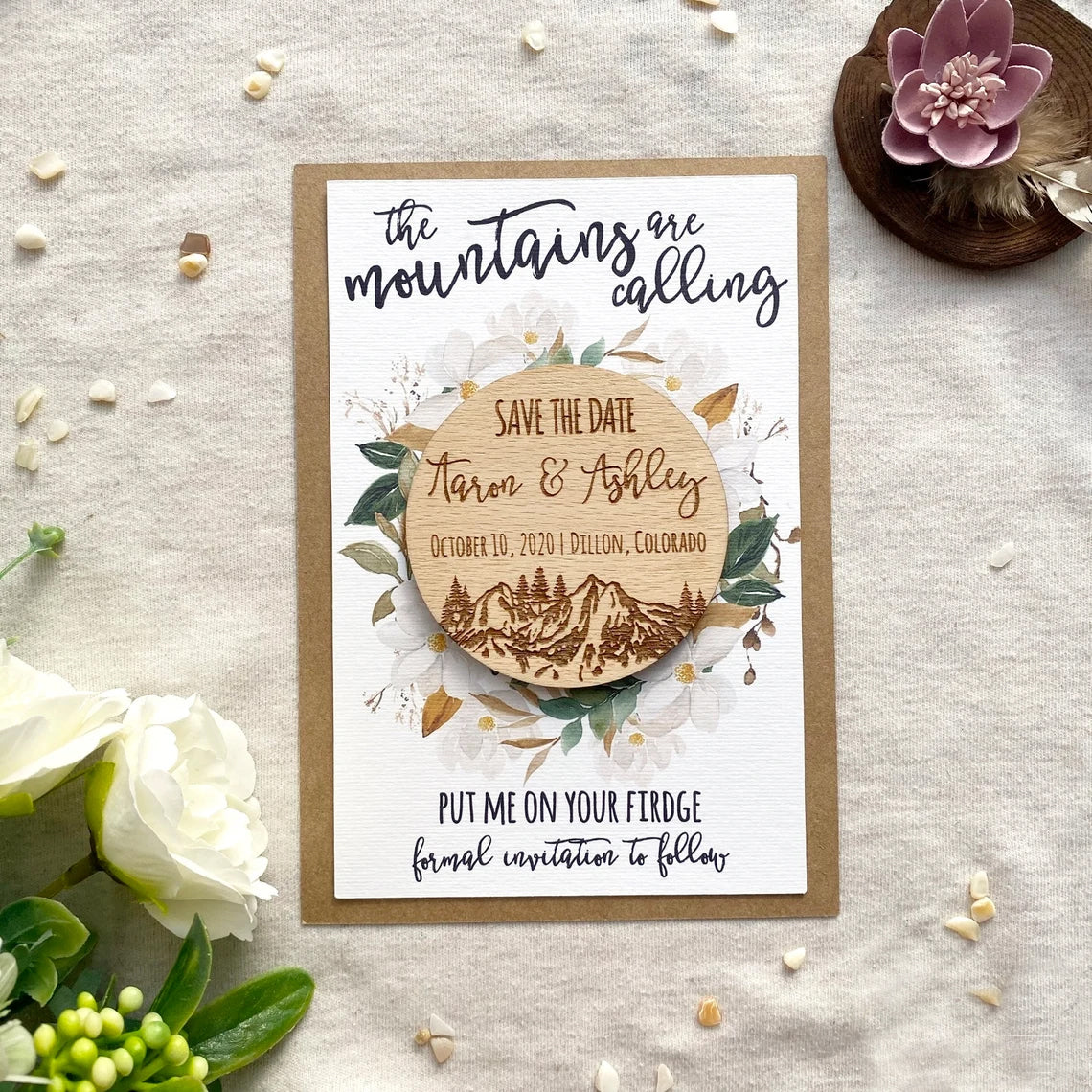 Mountain Save the Date Magnet, Wood Save the Dates, Pine Tree Save the Date, Wood Wedding Invitation, Rustic Save the Date