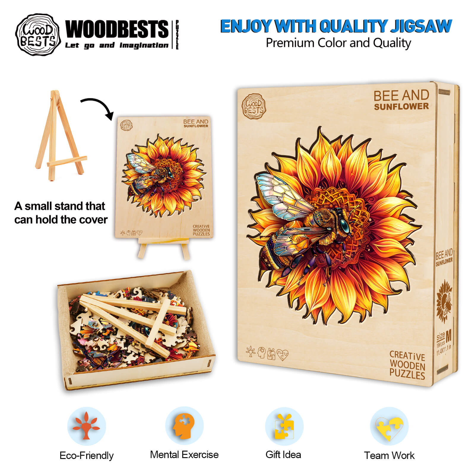 Bee and Sunflower Wooden Jigsaw Puzzle with colorful pieces, eco-friendly, ideal for mental exercise and team play.